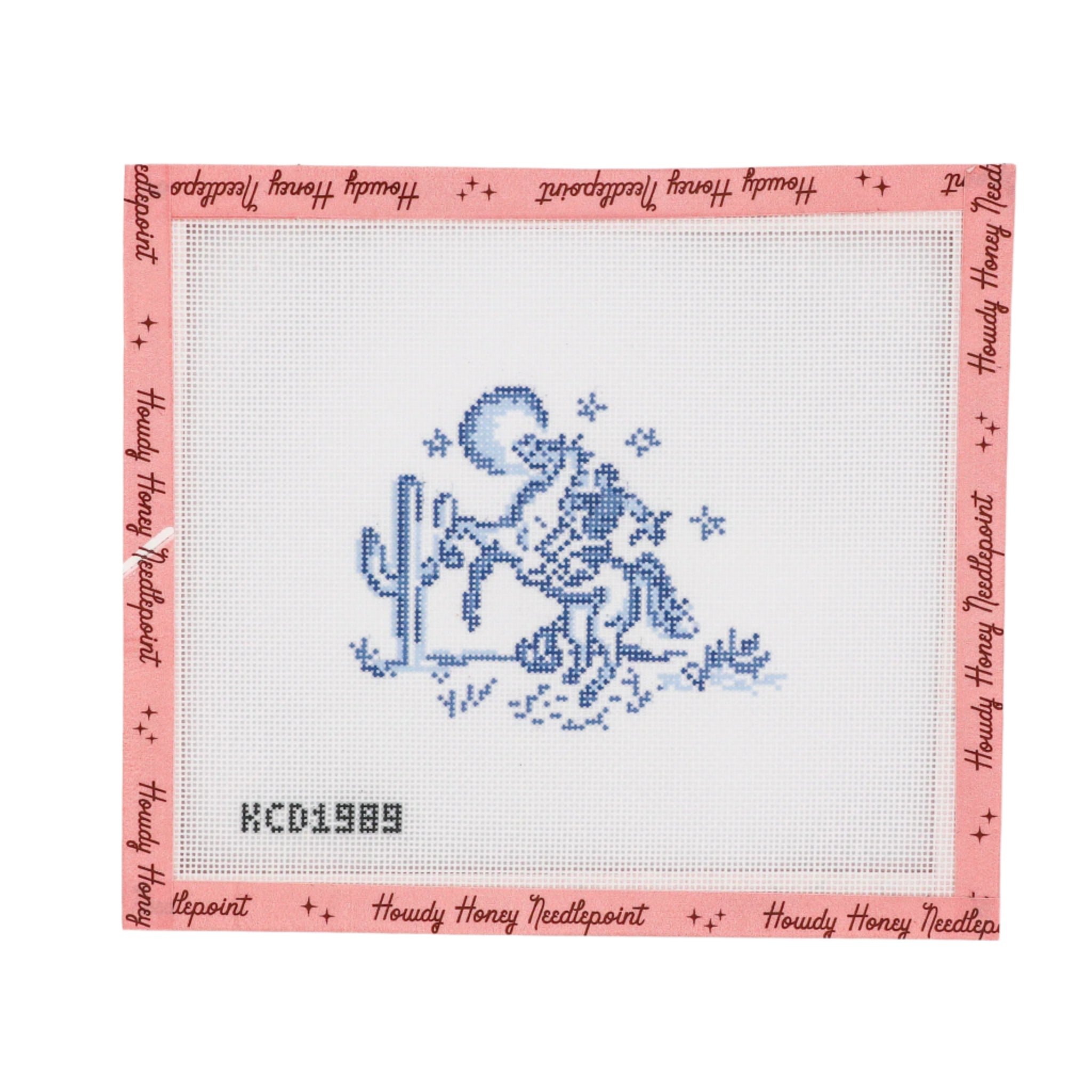 Needlepoint design of a cowboy and cactus on a white fabric with pink border, featuring 'Howdy Honey Needlepoint' branding.