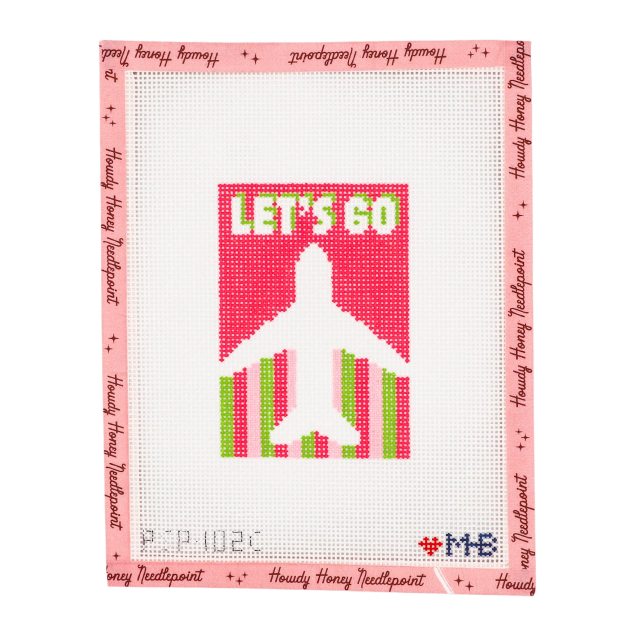 Needlepoint design with 'Let's Go' text and airplane silhouette on a pink background.