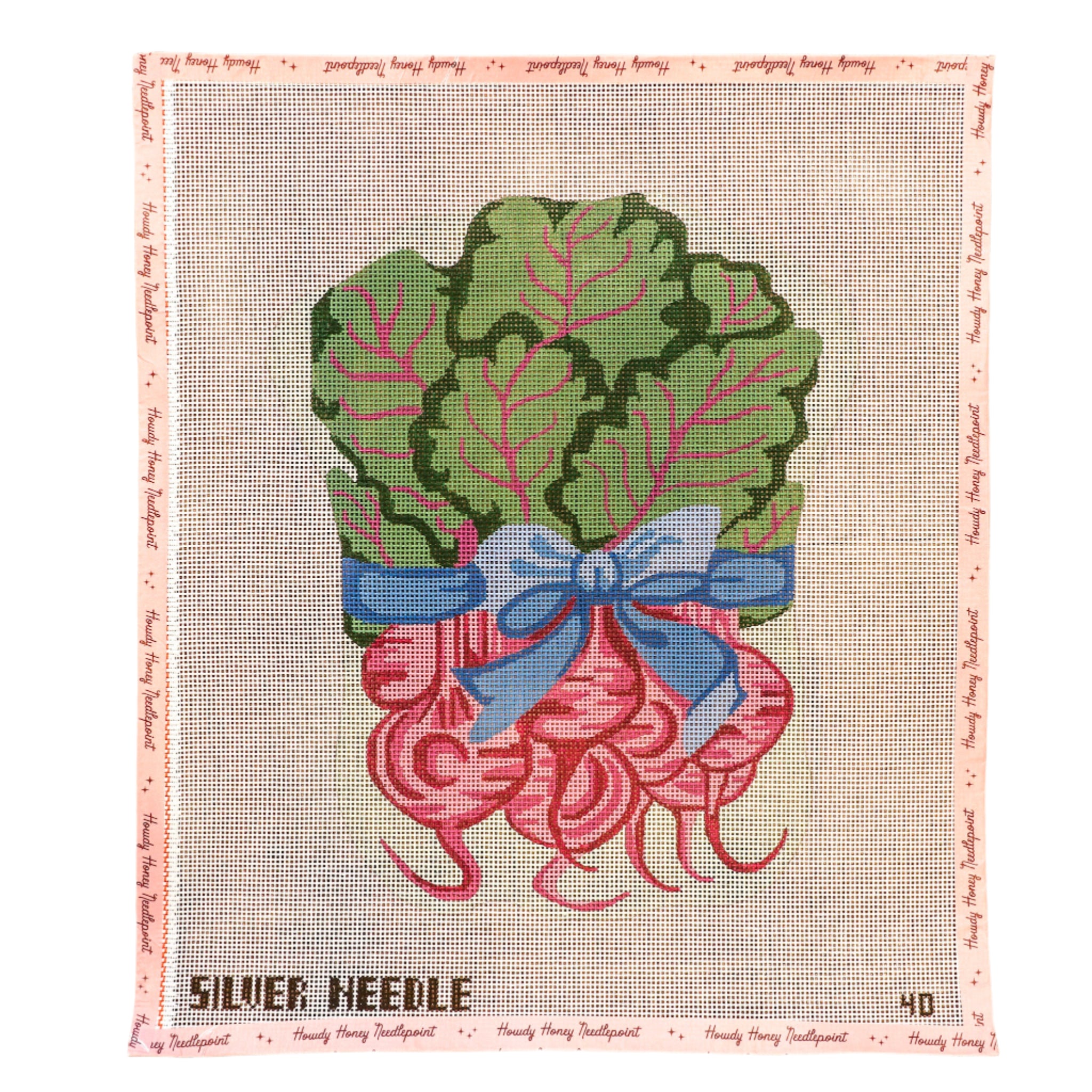 Embroidery of red beets with green leaves and a blue ribbon on a fabric background, branded 'Silver Needle'.