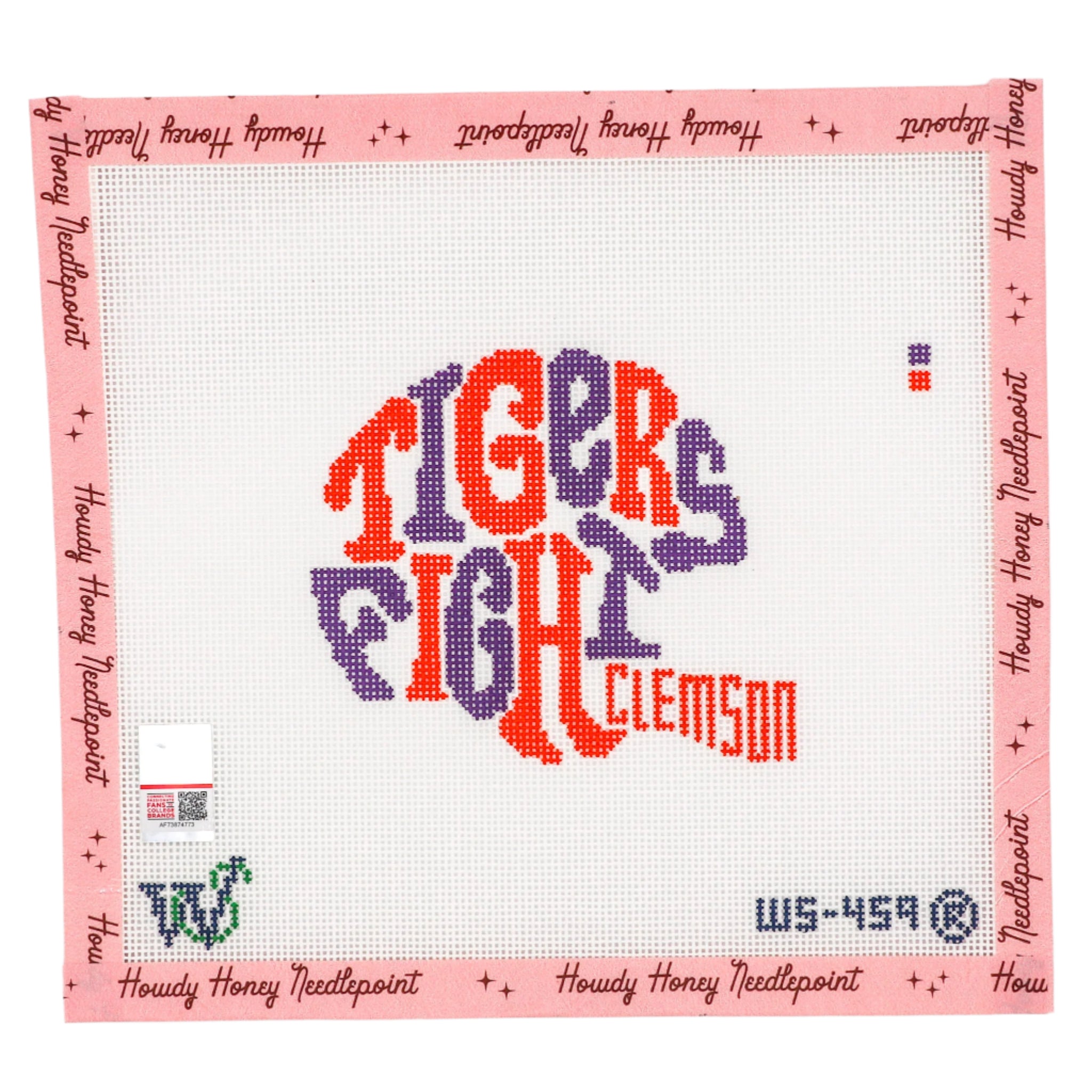 Cross-stitched design of 'Tigers Fight Clemson' on a white fabric with pink border.