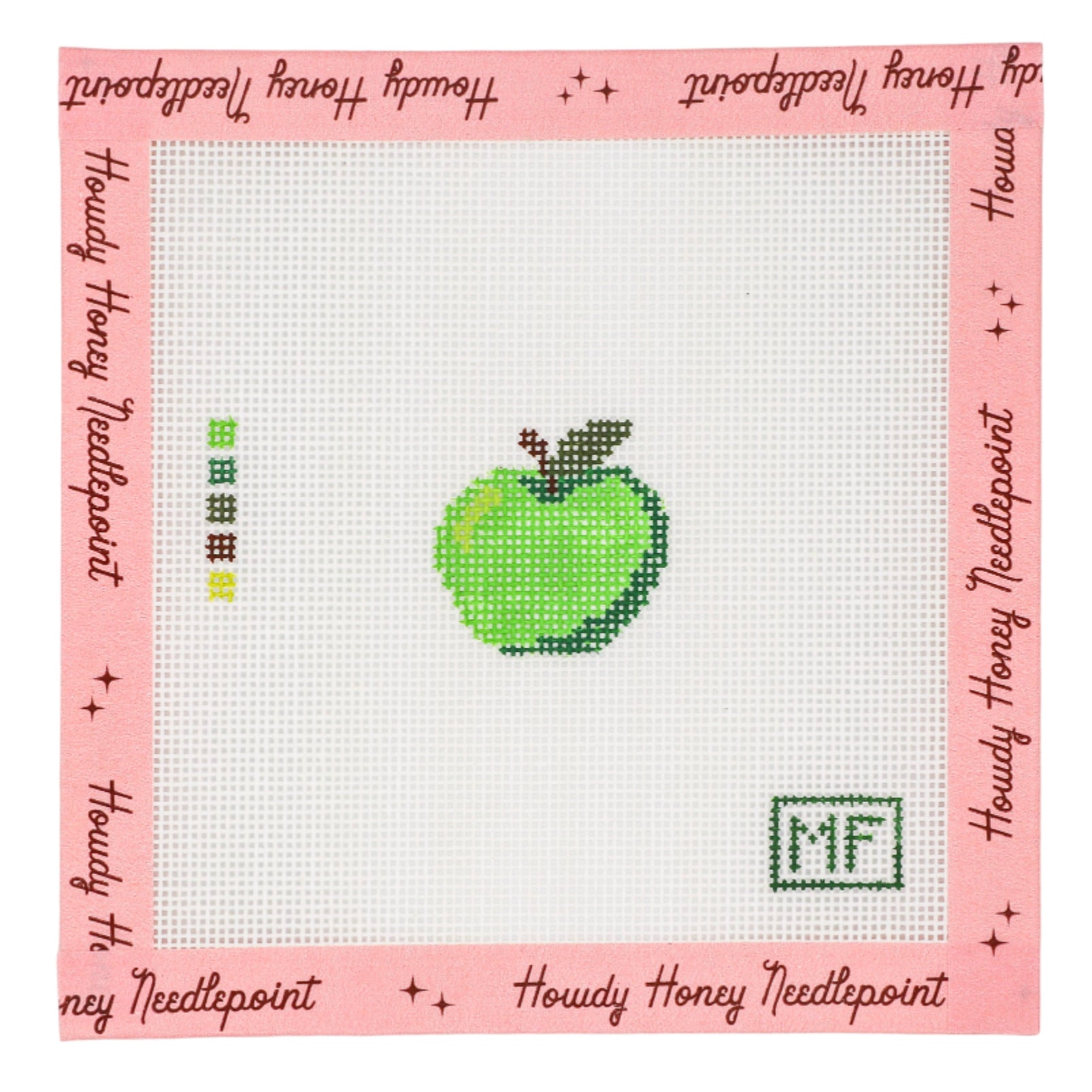 Cross-stitched green apple on a pink background with 'Howdy Honey Needlepoint' branding.
