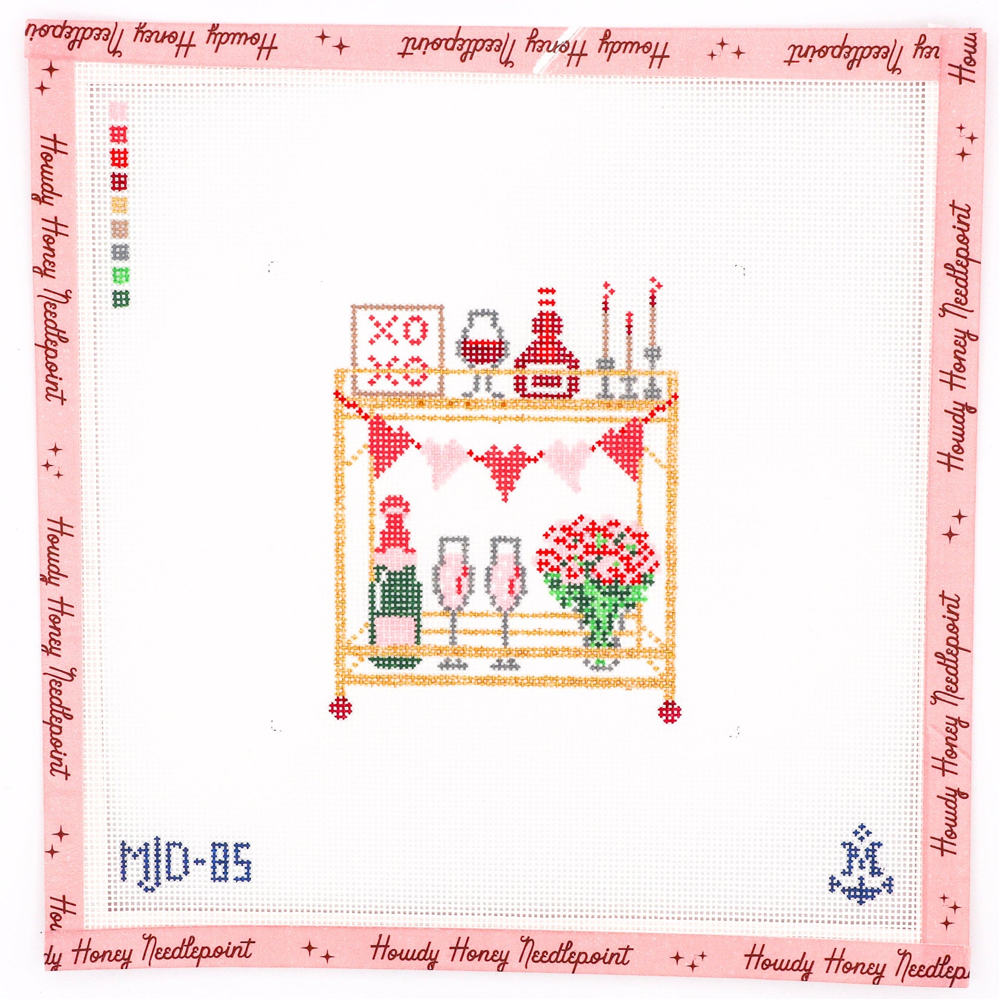 Cross-stitched design of a bar cart with drinks and flowers, framed by 'Honey Honey Needlepoint' text.