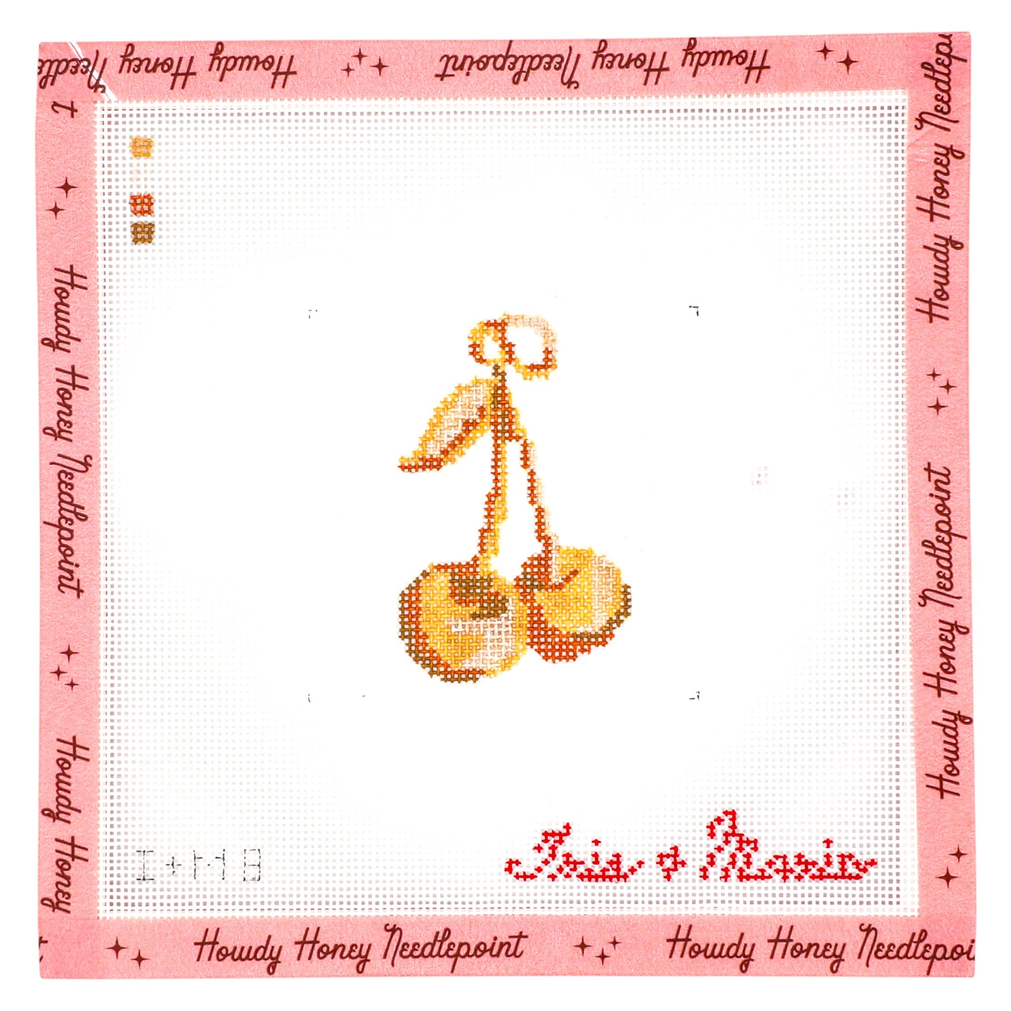 Cross-stitched design of a stick figure with a bicycle on a white background with red border and text.