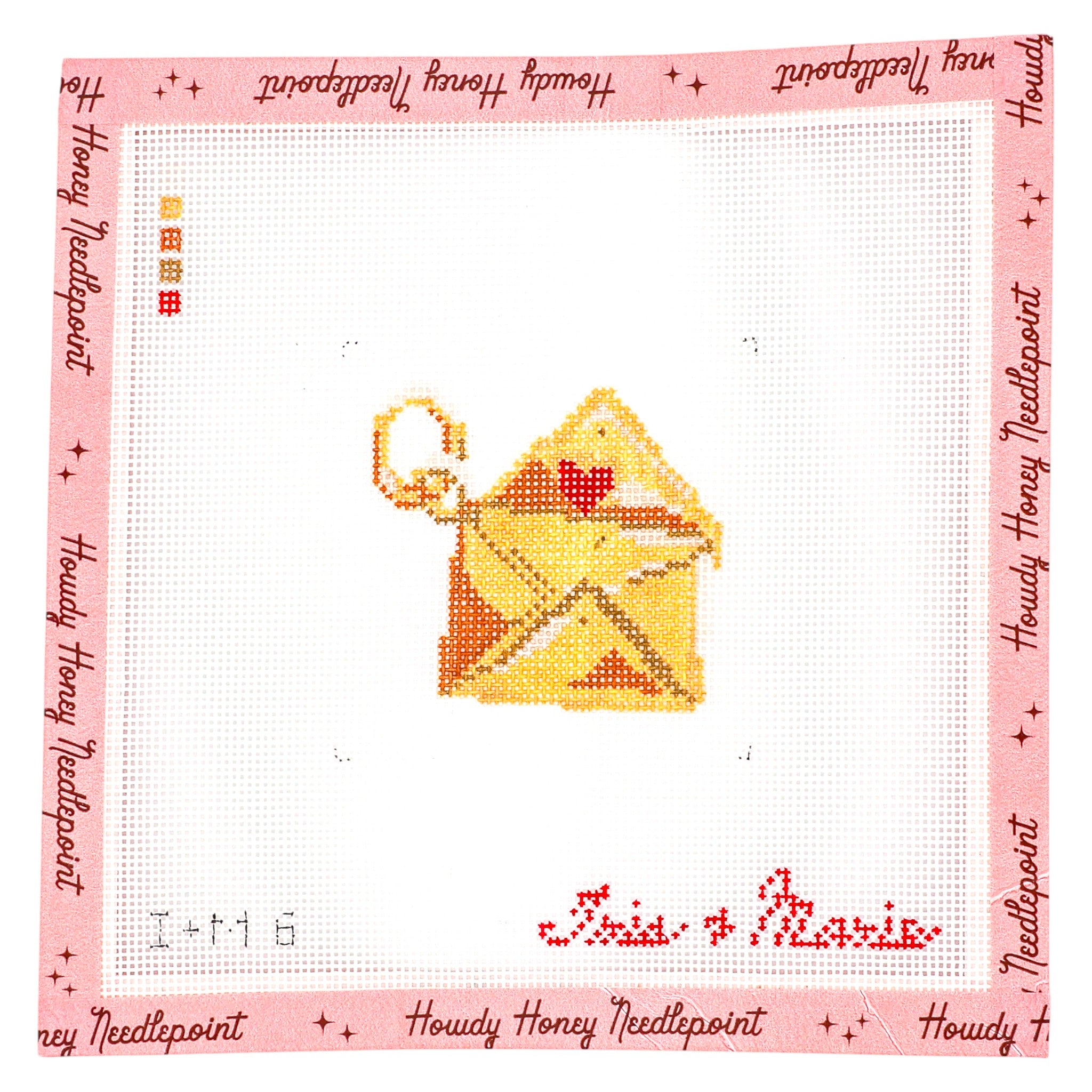 Cross-stitched design of a yellow envelope with a red heart on white fabric, bordered by 'Howdy Honey Needlepoint' text.