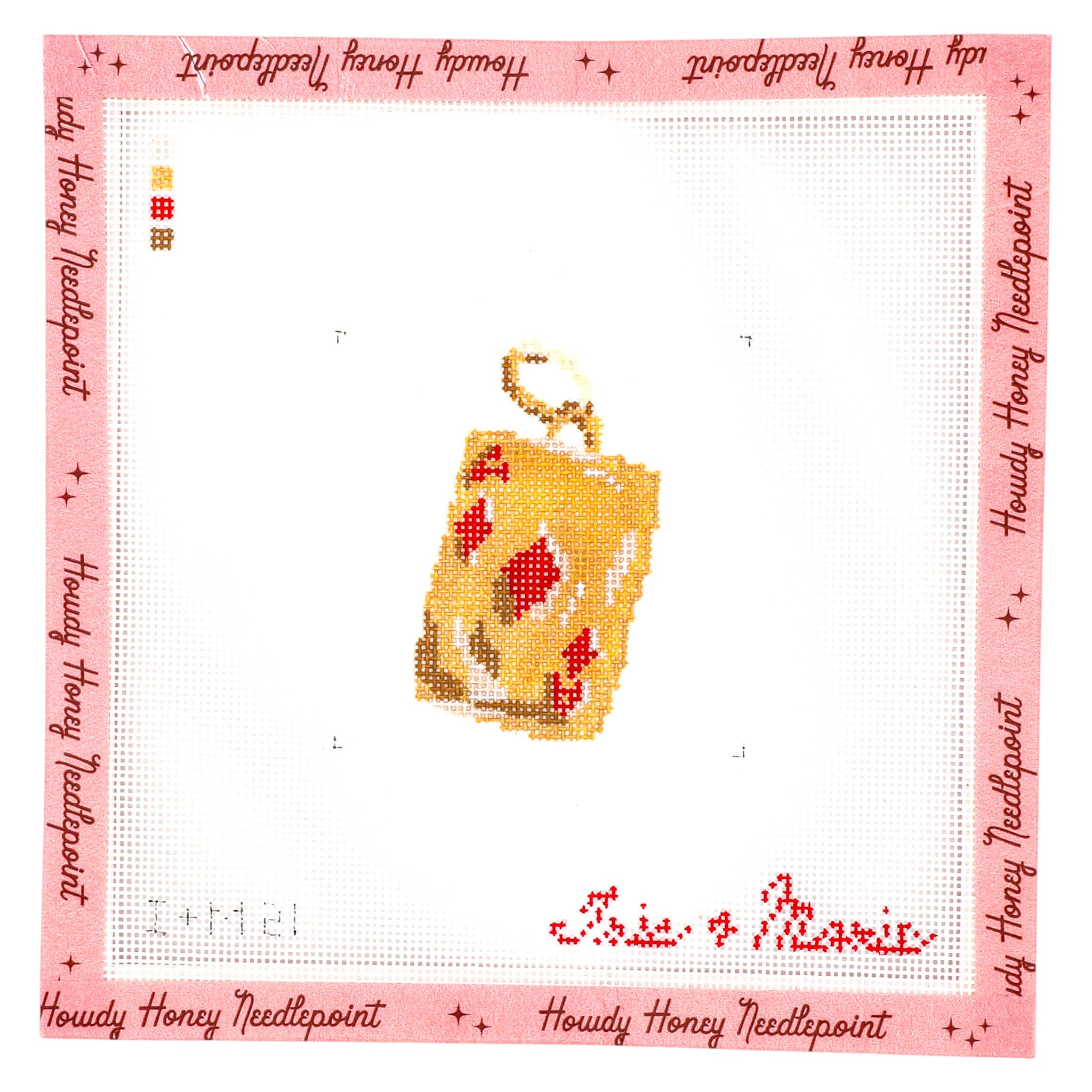 Cross-stitched design of a teacup with red flowers on a white background, framed by 'Howdy Honey Needlepoint' text.