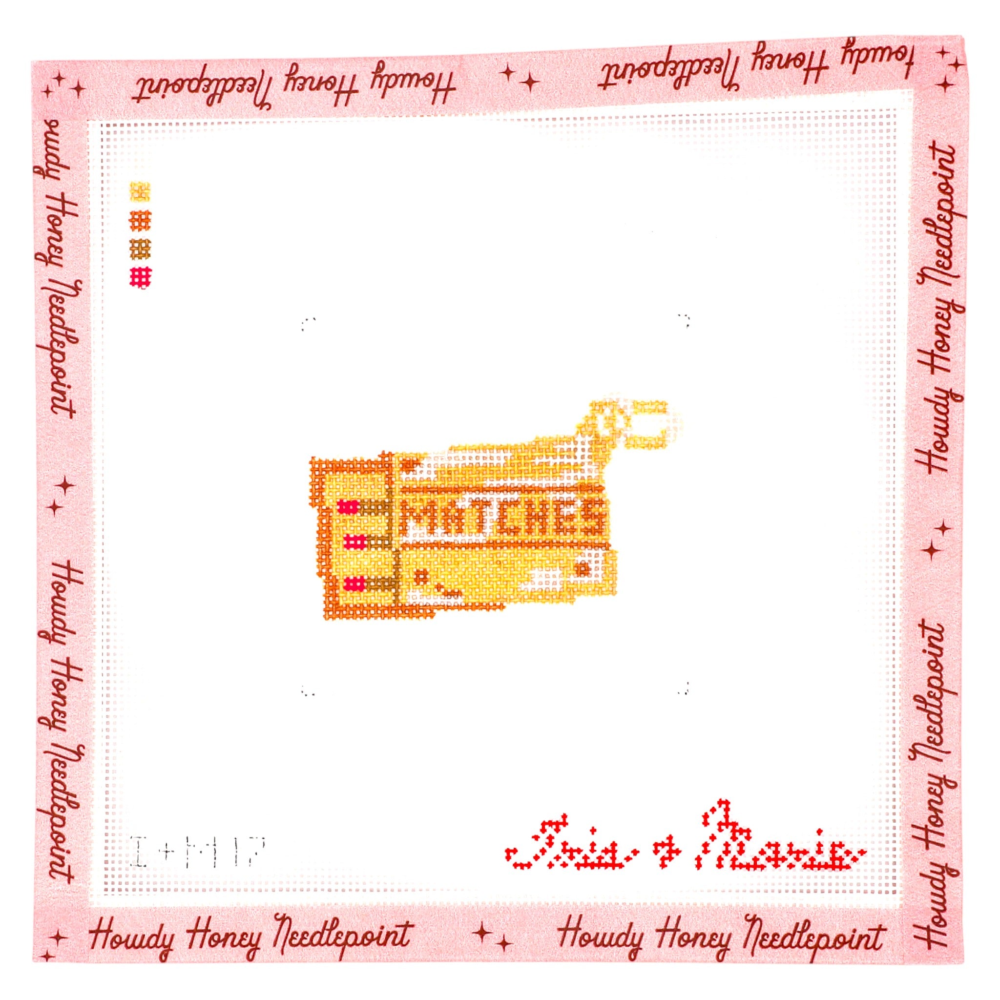 Cross-stitched pattern of matches with 'Howdy Honey Needlepoint' border