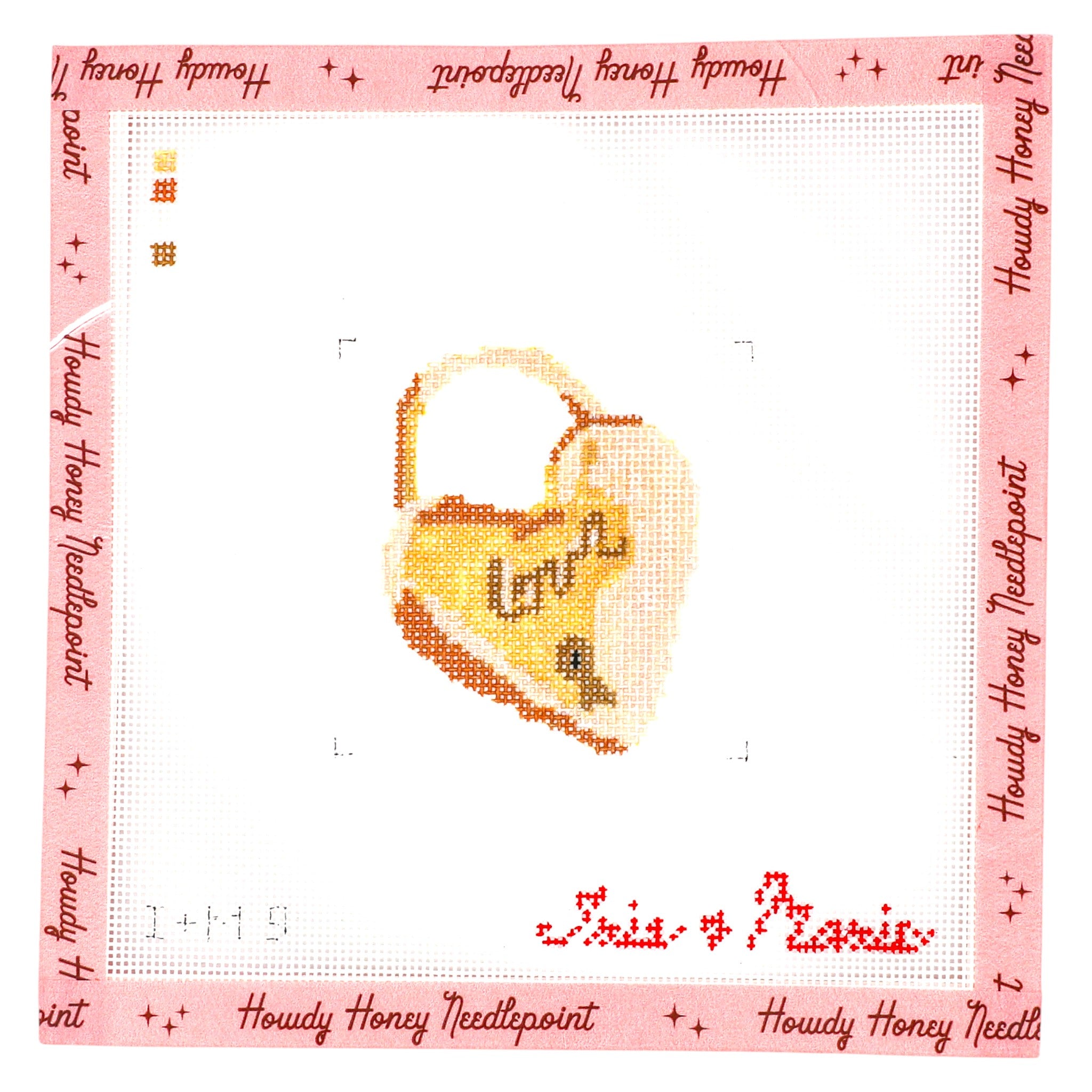 Cross-stitched heart design on fabric with 'Howdy Honey Needlepoint' branding.