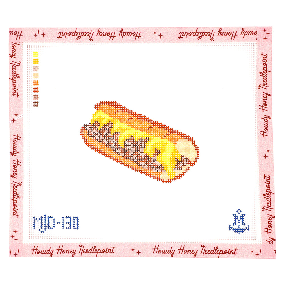 Hot dog with mustard on a bun within a cross-stitch pattern border.