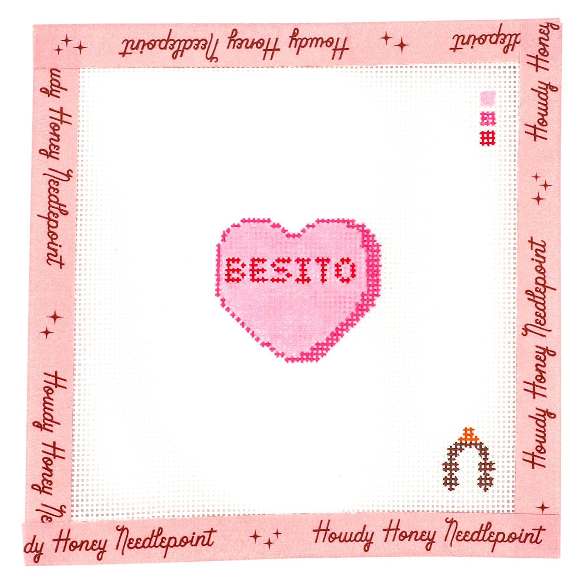 Heart-shaped cross-stitch design with 'BESITO' text on a white background with pink border, featuring 'Howdy Honey Needlepoint' branding.