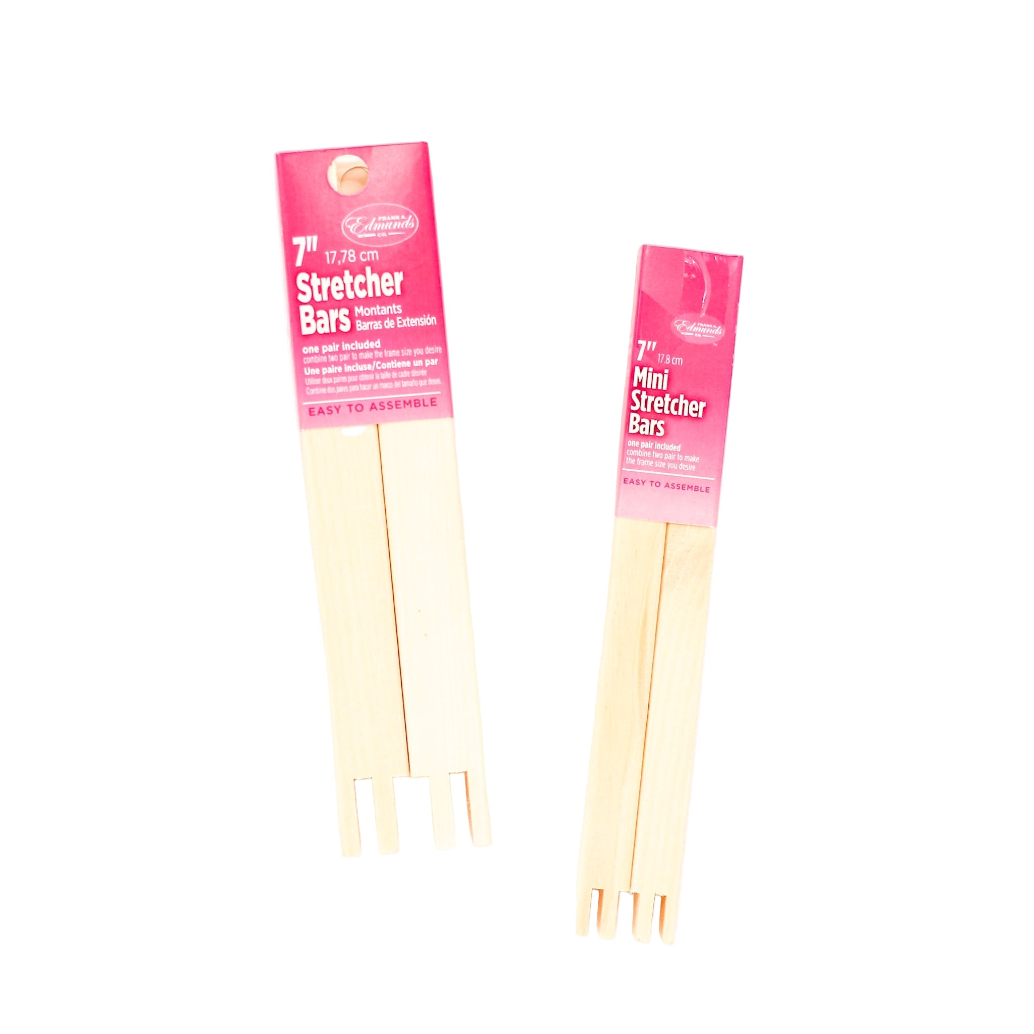 Two packages of mini stretcher bars with pink labels on a white background