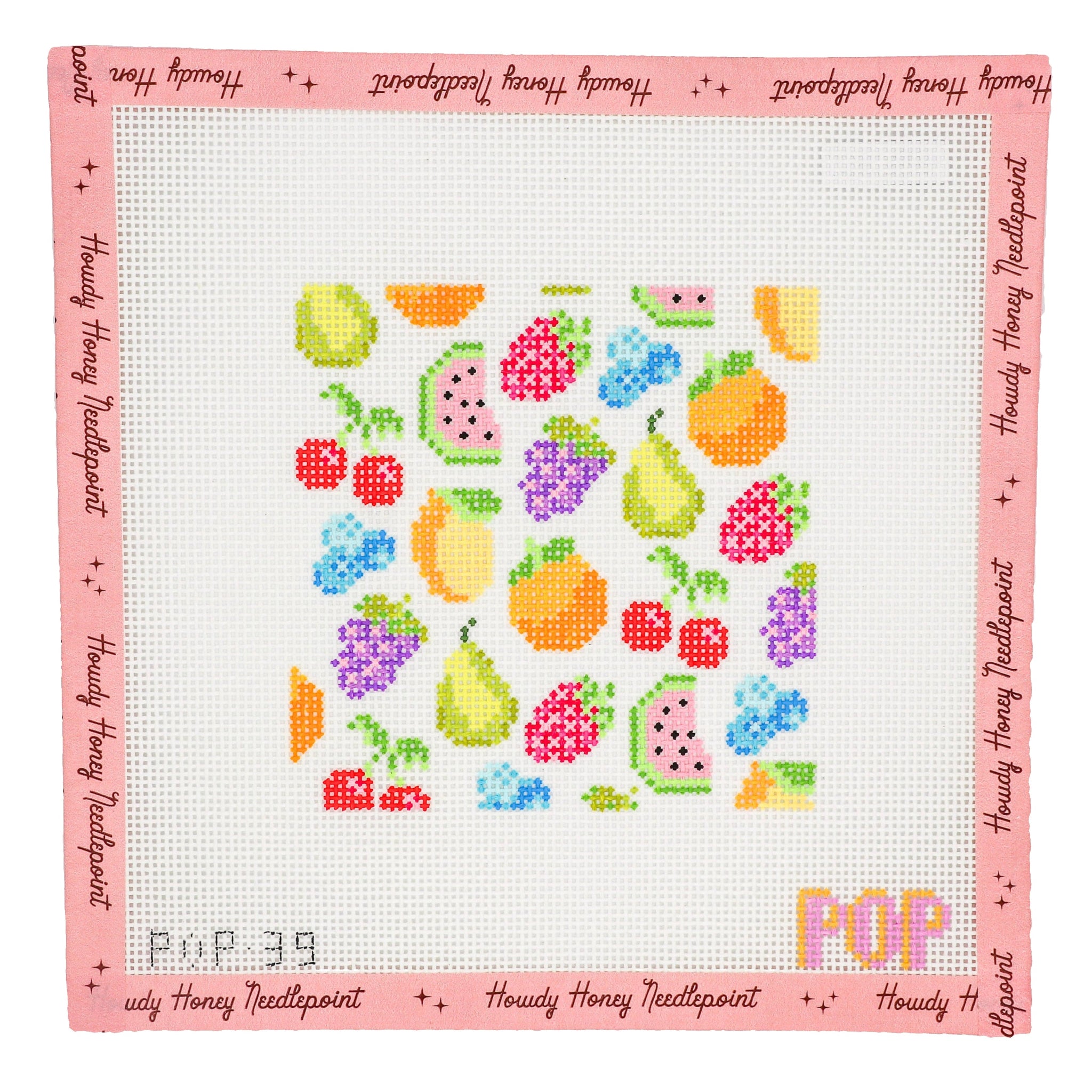 Cross-stitched pattern of fruits on a white background with pink border