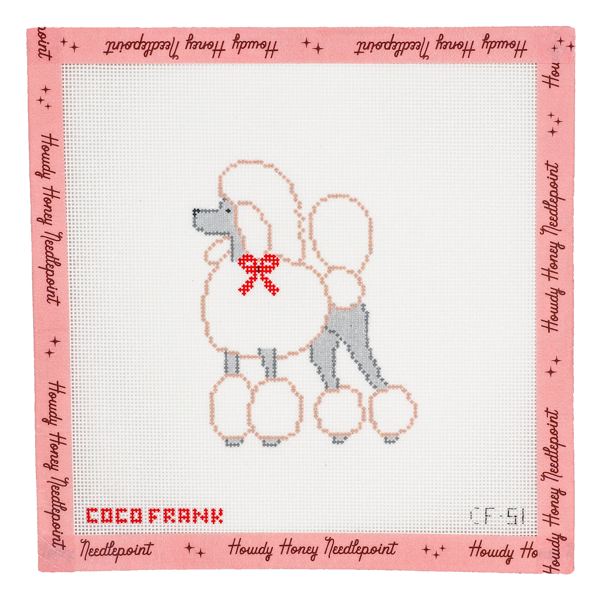 Cross-stitched poodle design on a pink border with 'Coco Frank' branding.