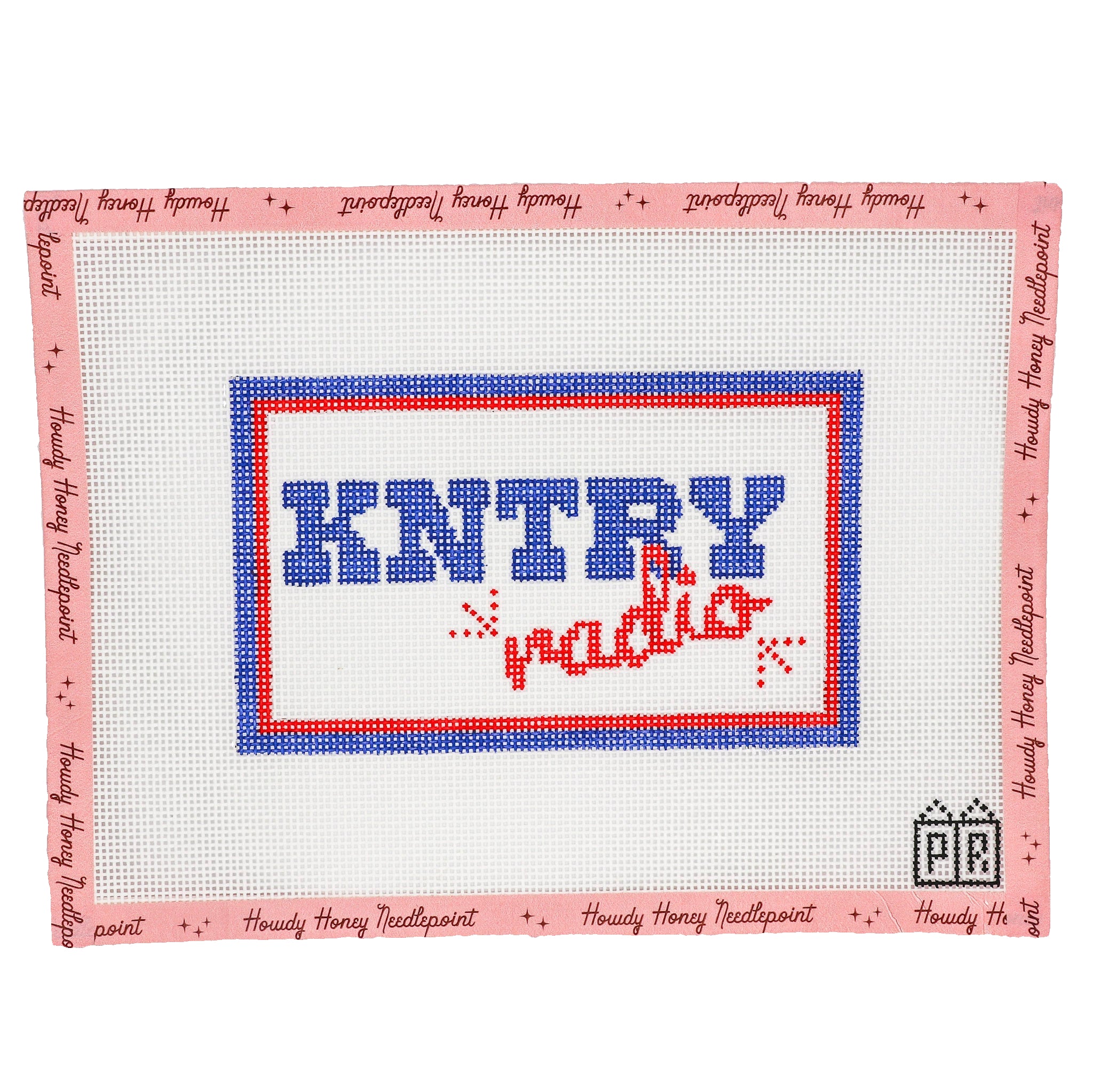 Cross-stitched design of 'KNTRY radio' with a red border on a white background.