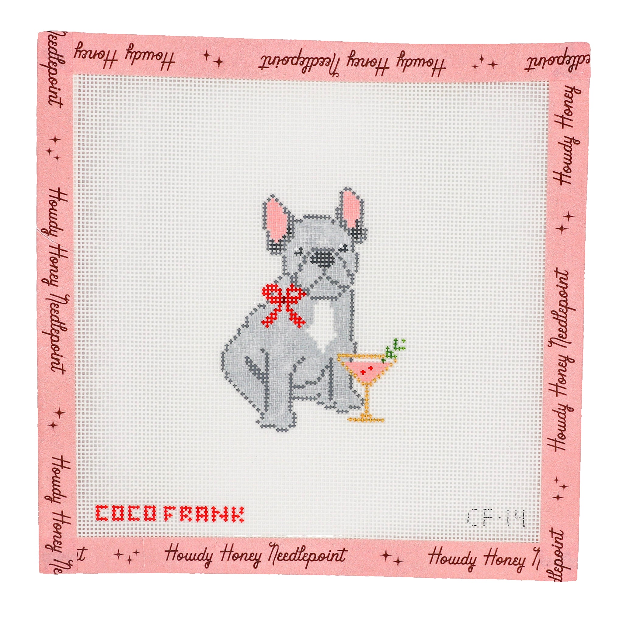 Cross-stitched design of a dog with a bow and cocktail, framed by 'Howdy Honey Needlepoint' text.
