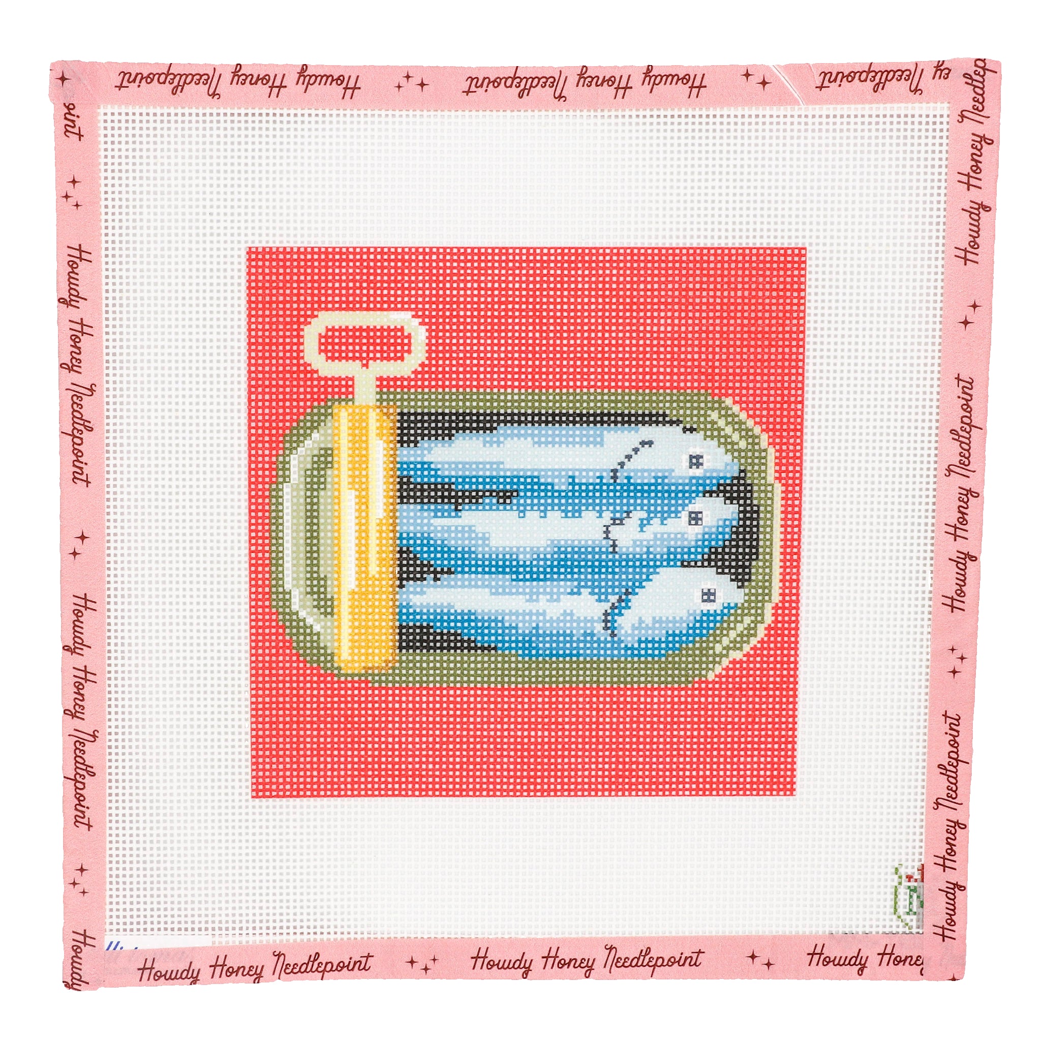 Cross-stitched design of a can opener with toothpaste on a red background, framed by 'Howdy Honey Needlepoint' text.