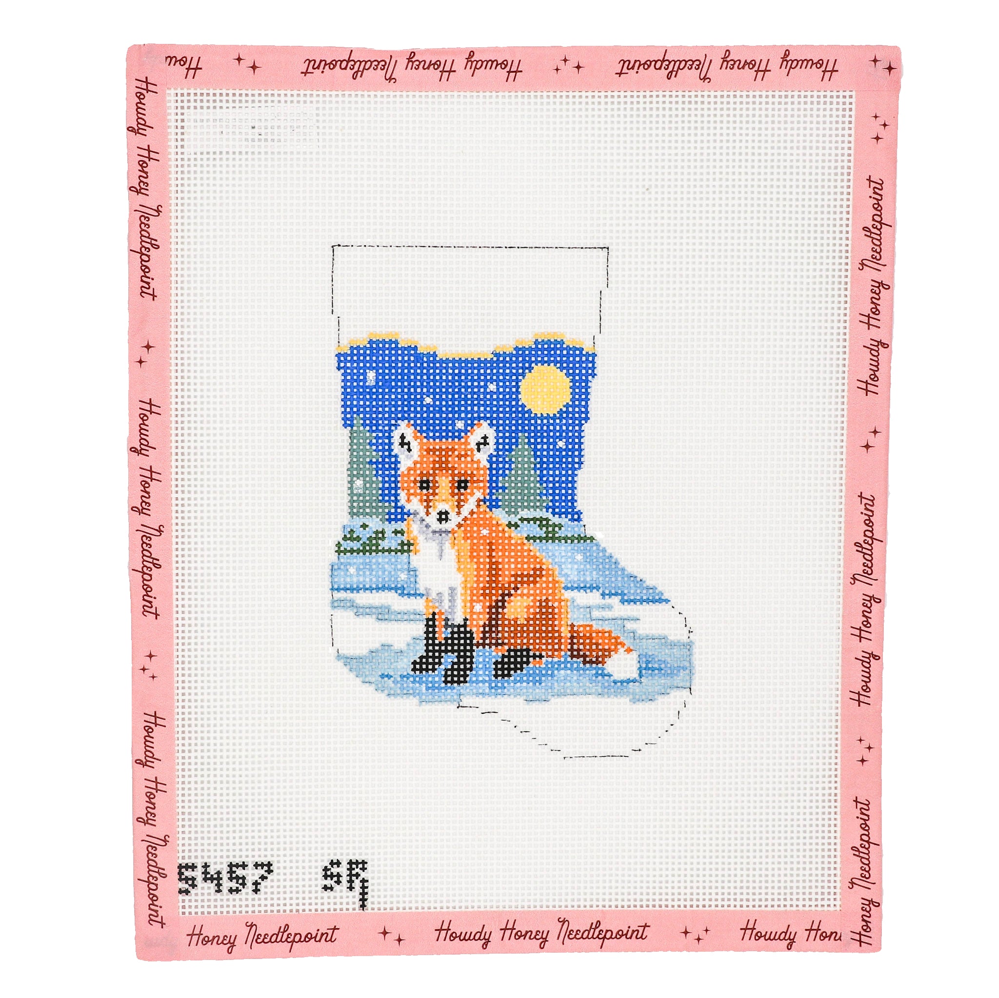 Cross-stitched design of a fox in a snowy landscape with a pink border and text.