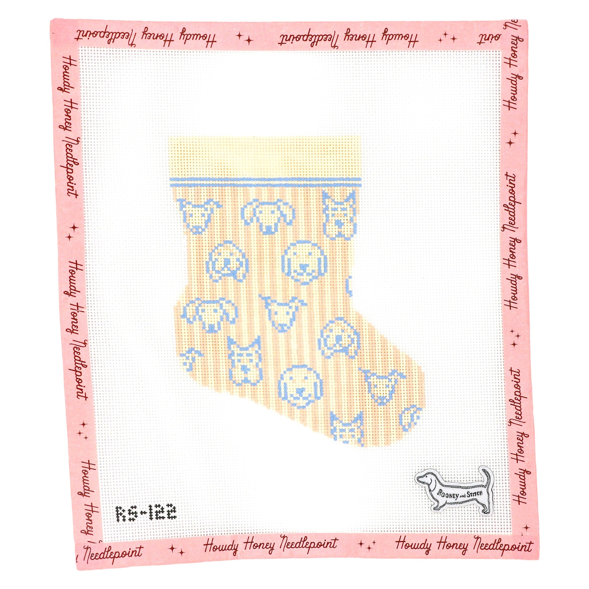 Cross-stitched stocking with dog pattern on a Howdy Honey Needlepoint card.