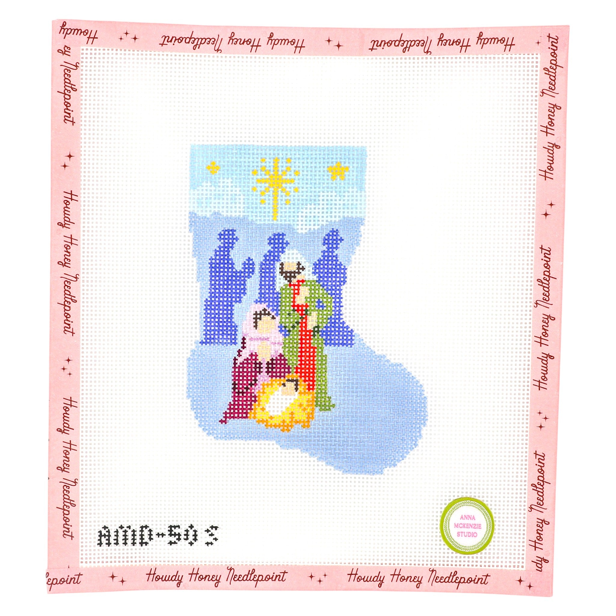 Cross-stitch pattern of a nativity scene in a stocking with 'Howdy Honey Needlepoint' branding.