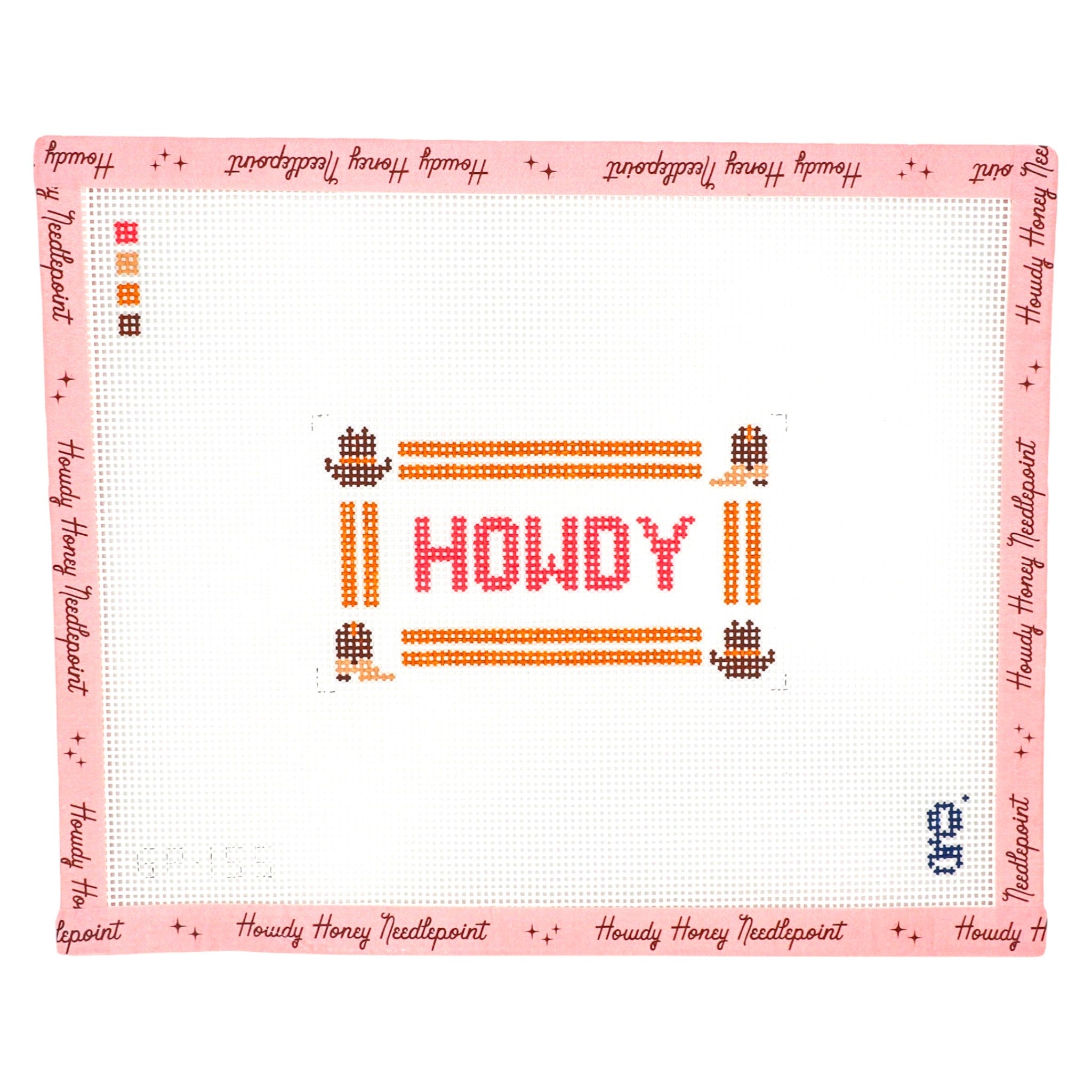 Cross-stitched design with 'HOWDY' text and border on a white background