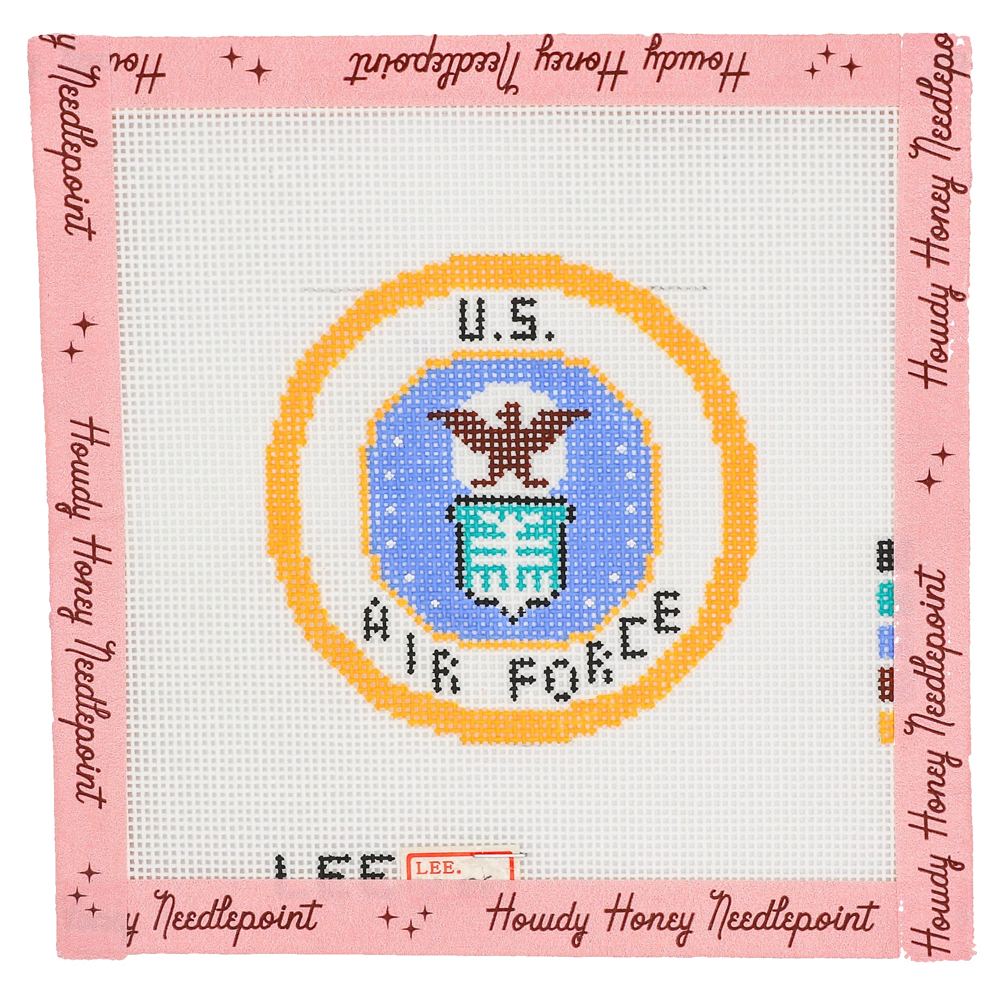 Cross-stitched U.S. Air Force emblem on a pink background with 'Howdy Honey Needlepoint' branding.