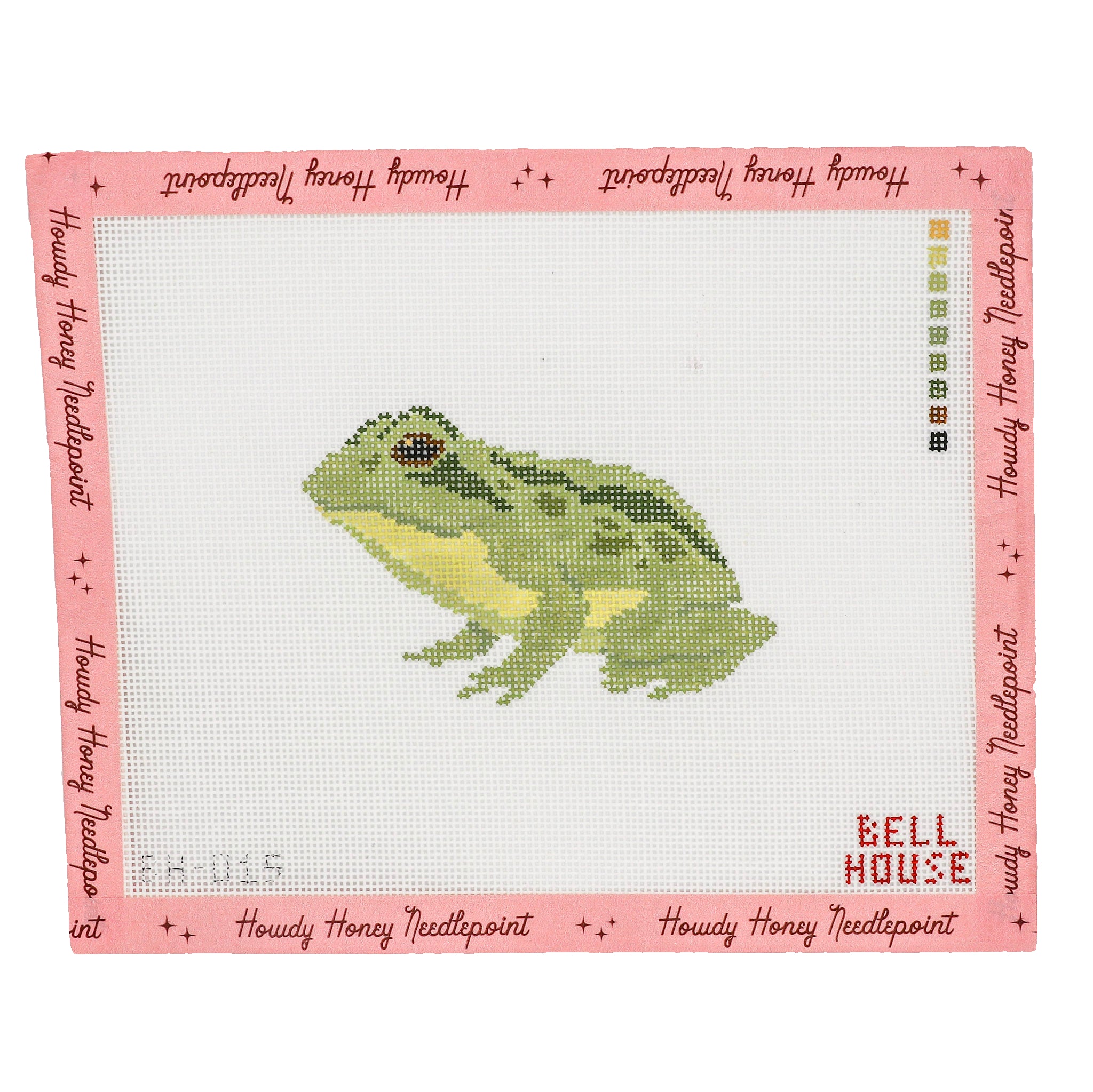Cross-stitched frog design on a white fabric with a pink border, featuring 'Bell House' branding.