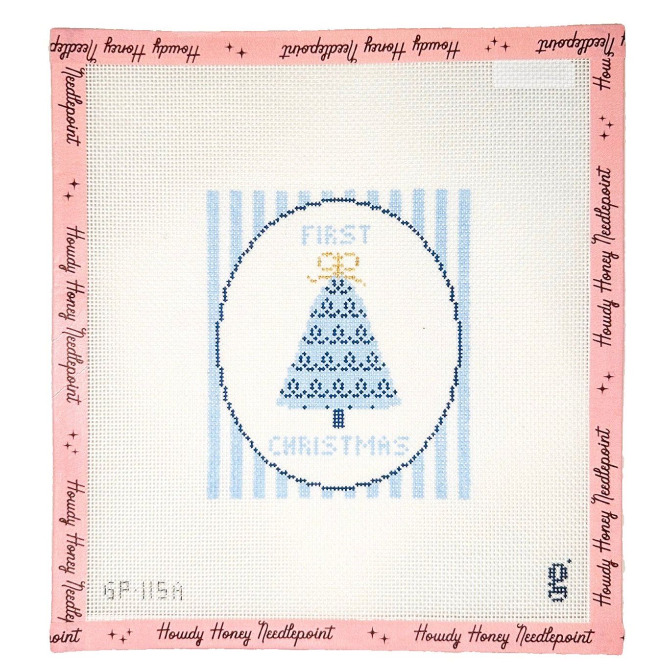 Cross-stitched design of a Christmas tree with 'First Christmas' text on a pink border, featuring the brand 'Howdy Honey Needlepoint'.