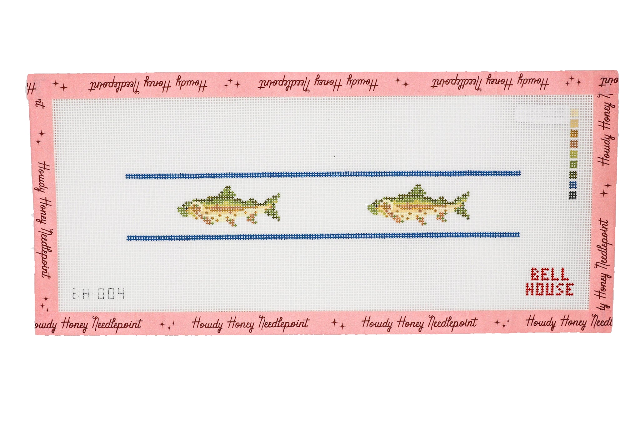 Cross-stitched design of two fish on a pink background with text and branding.