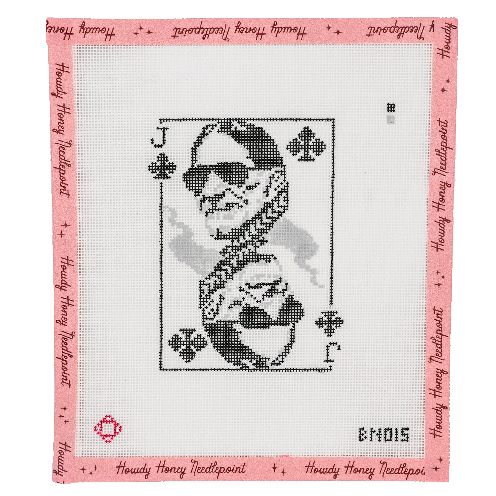 Cross-stitched design of a number two with a skull and crossbones on a white background with pink border.