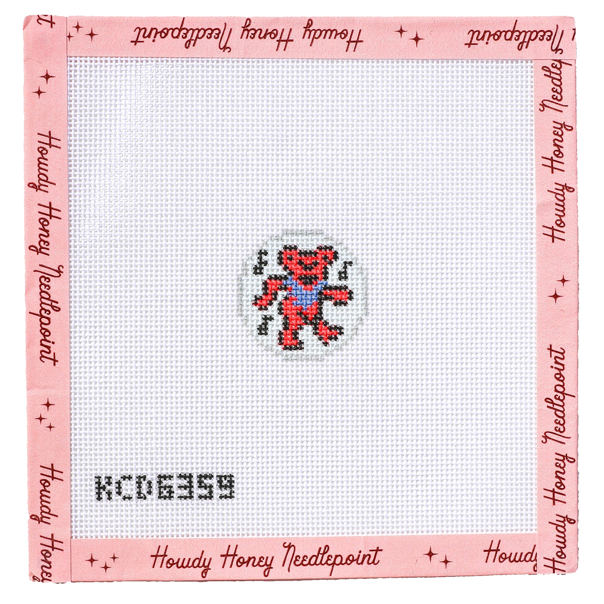 Cross-stitched design on a white fabric with a pink border, featuring the brand 'Howdy Honey Needlepoint'.