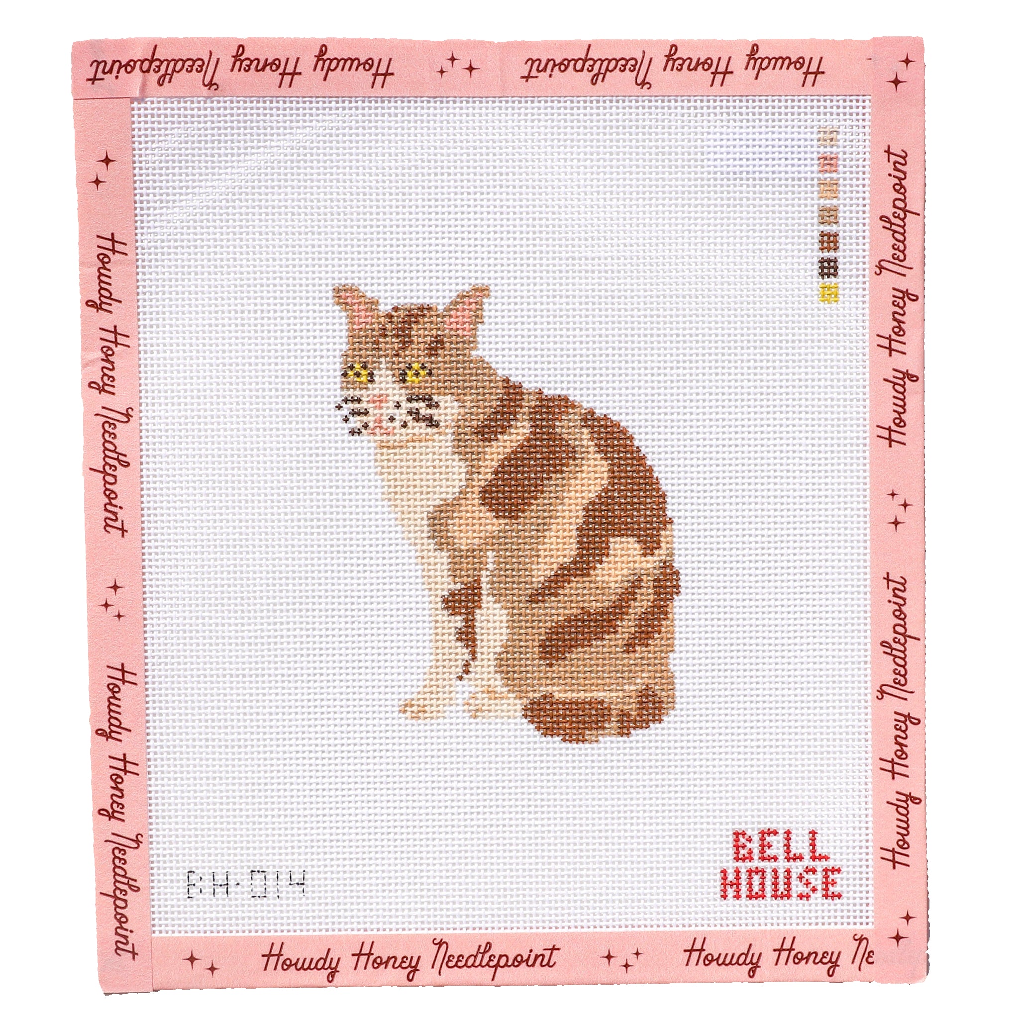 Cross-stitched pattern of a tabby cat on a white background with pink border, featuring 'Bell House' branding.