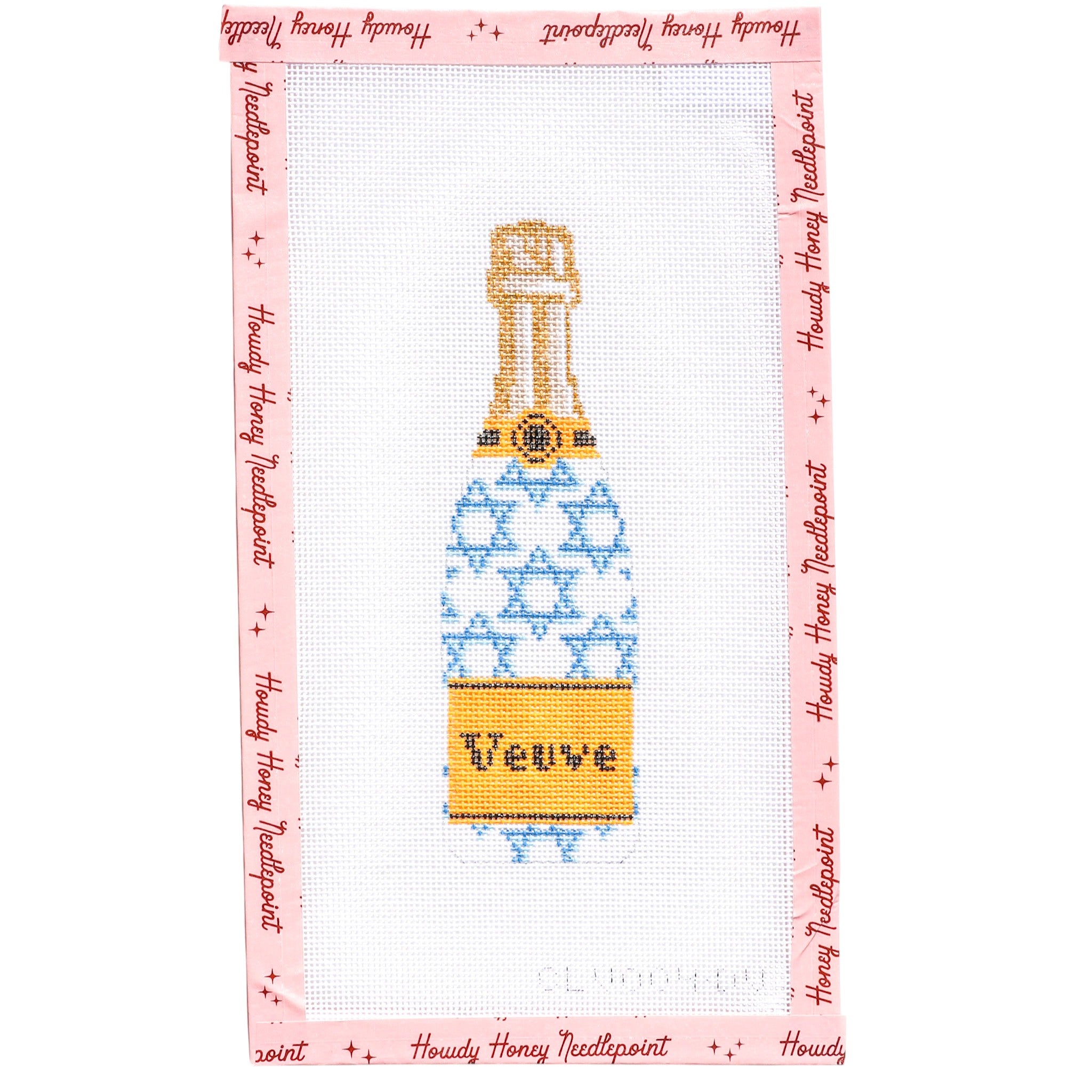 Cross-stitched design of a champagne bottle with star patterns on a pink border.