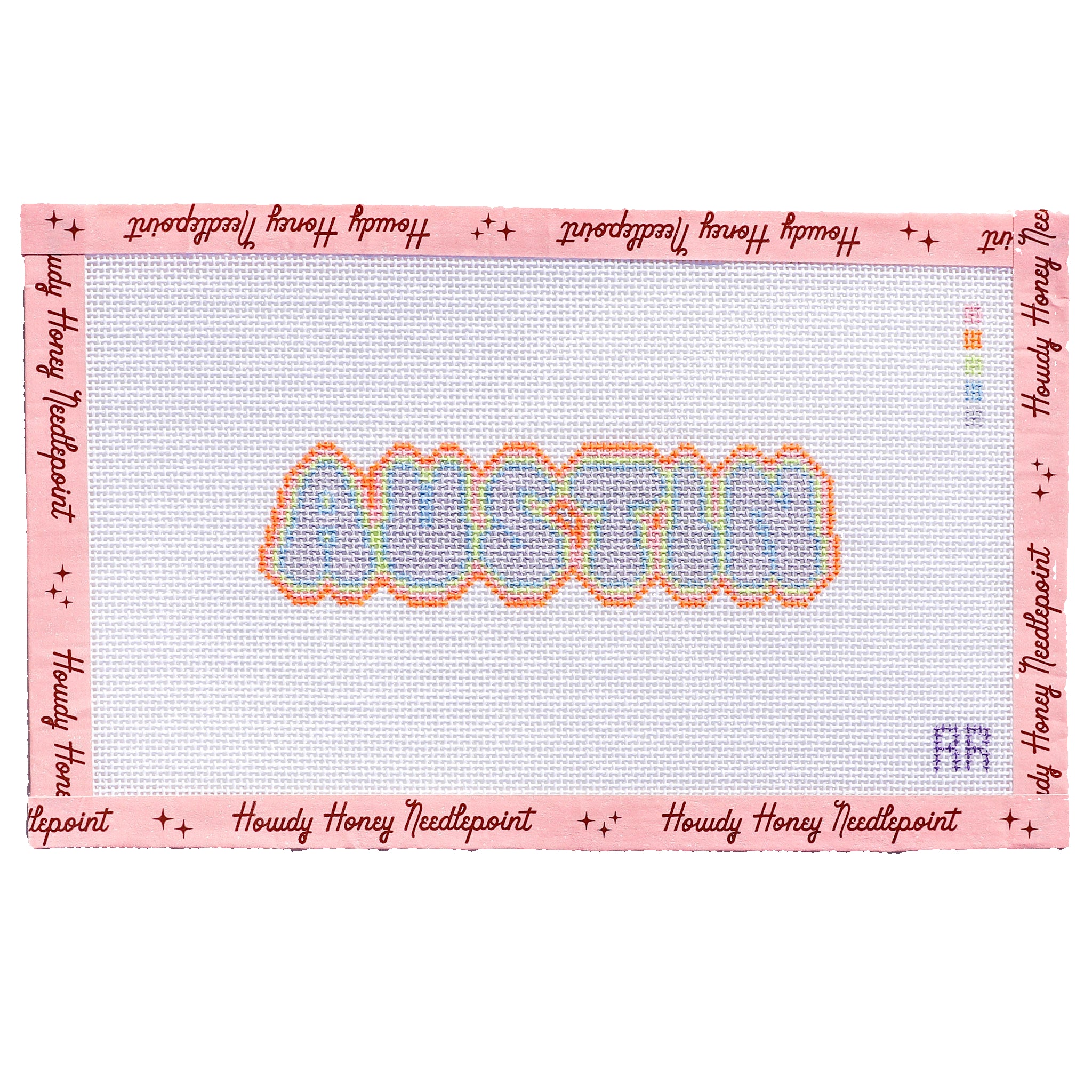 Cross-stitched name 'Austin' on a Howdy Honey Needlepoint canvas.