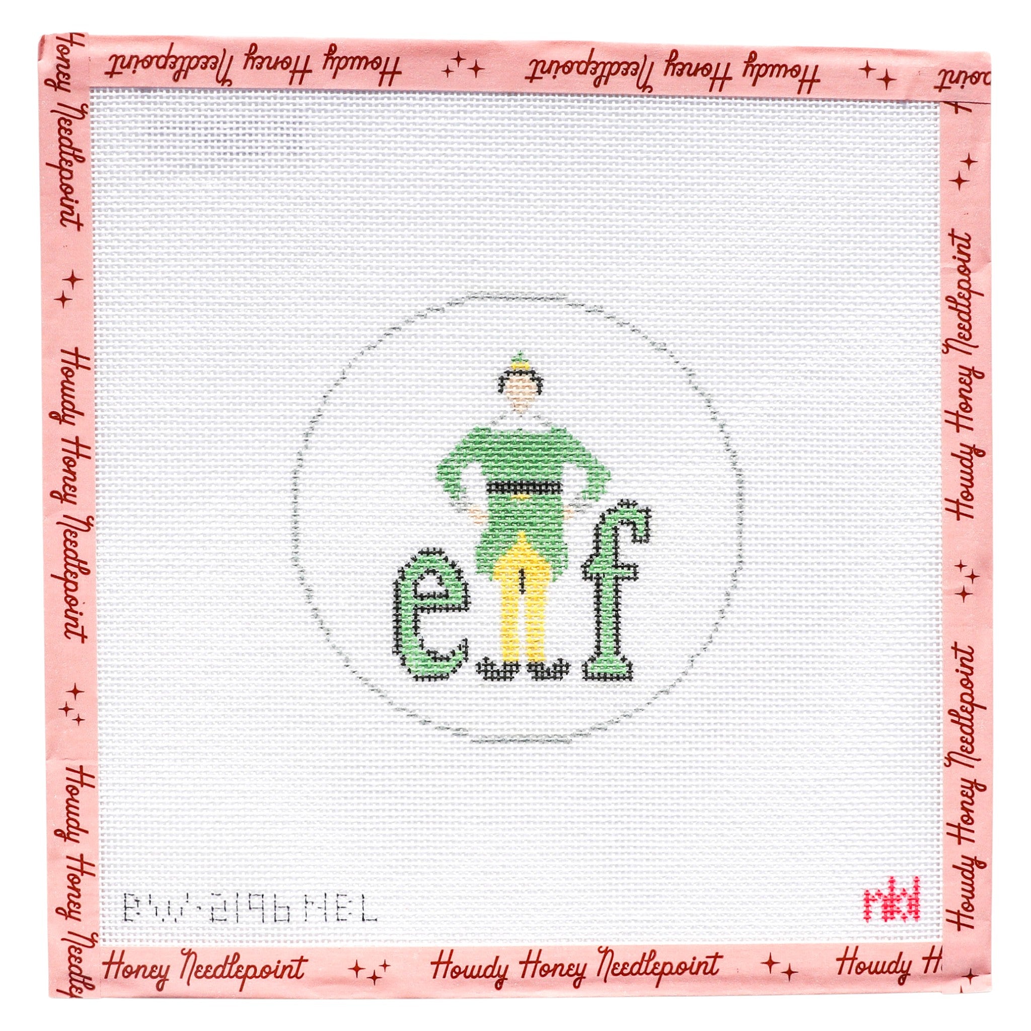Cross-stitched design of an elf with 'elf' text on a white background with red border.