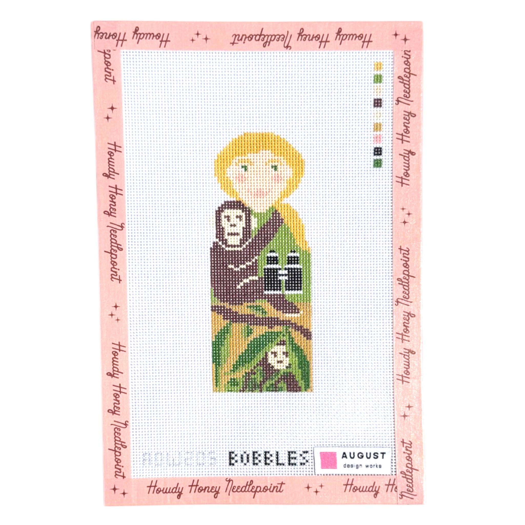Cross-stitch pattern with a character holding a skull, framed by text and brand name 'Howdy Honey Needlepoint'.