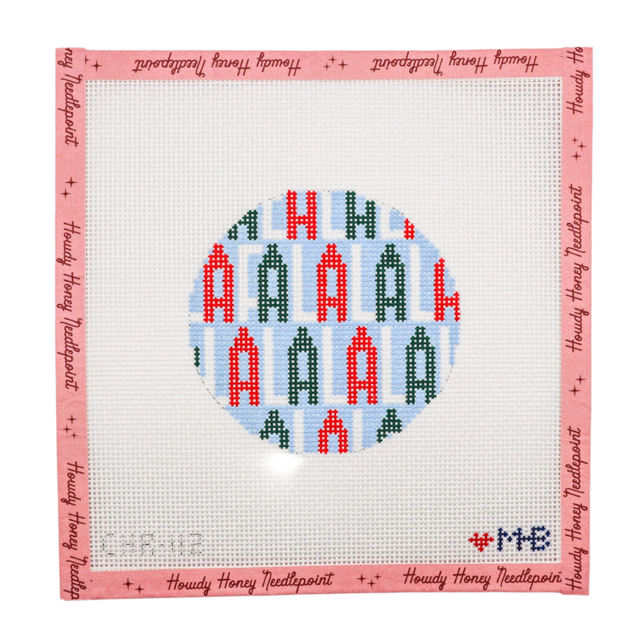A 13 mesh tapestry canvas with a Christmas-themed design, featuring the text 'Fa la la la la' in a geometric pattern with red, blue, and green colors on a pink background, and a pink border at the top.