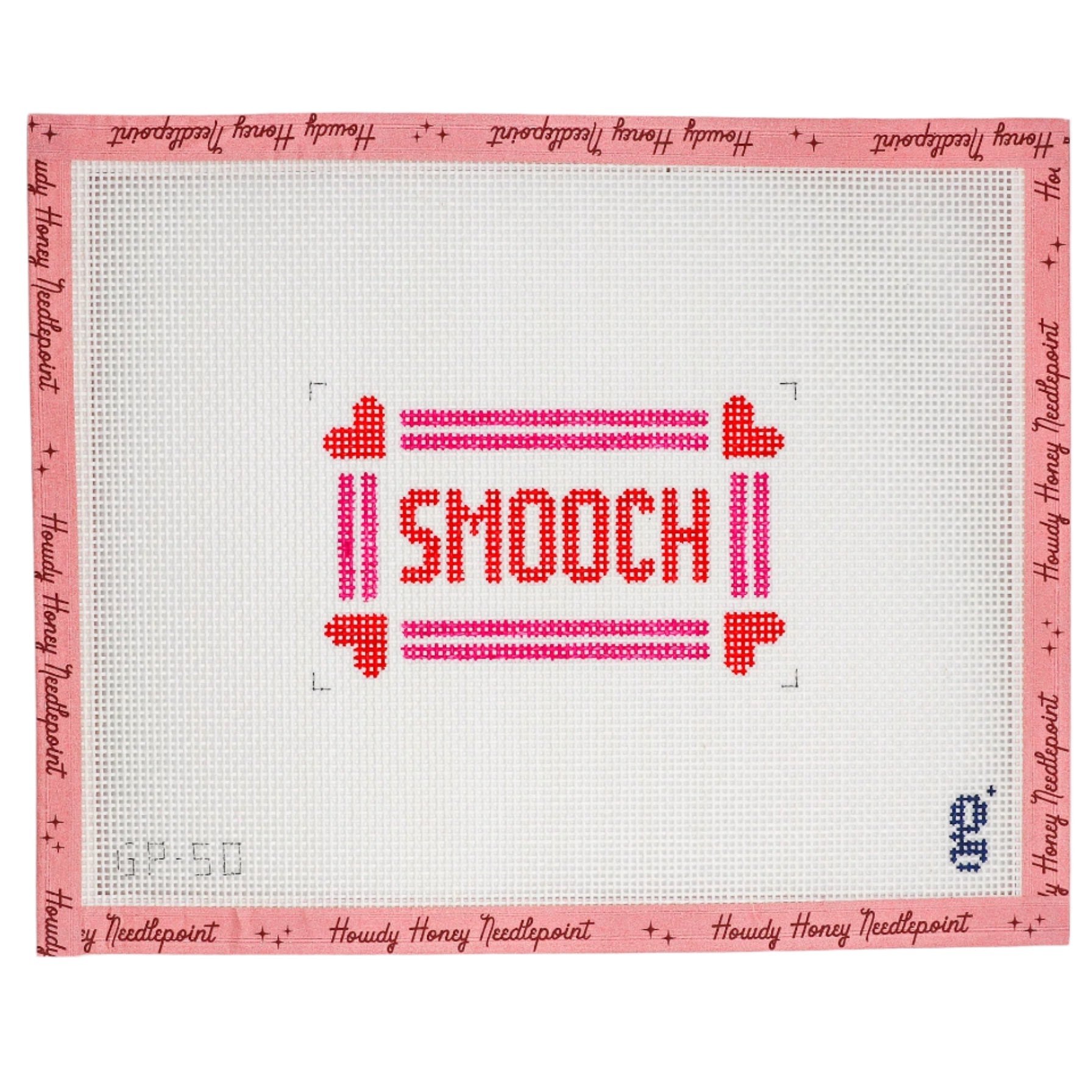 A canvas with a pink background and the word 'SMOOCH' written in red and green hearts, surrounded by small red hearts and stars.
