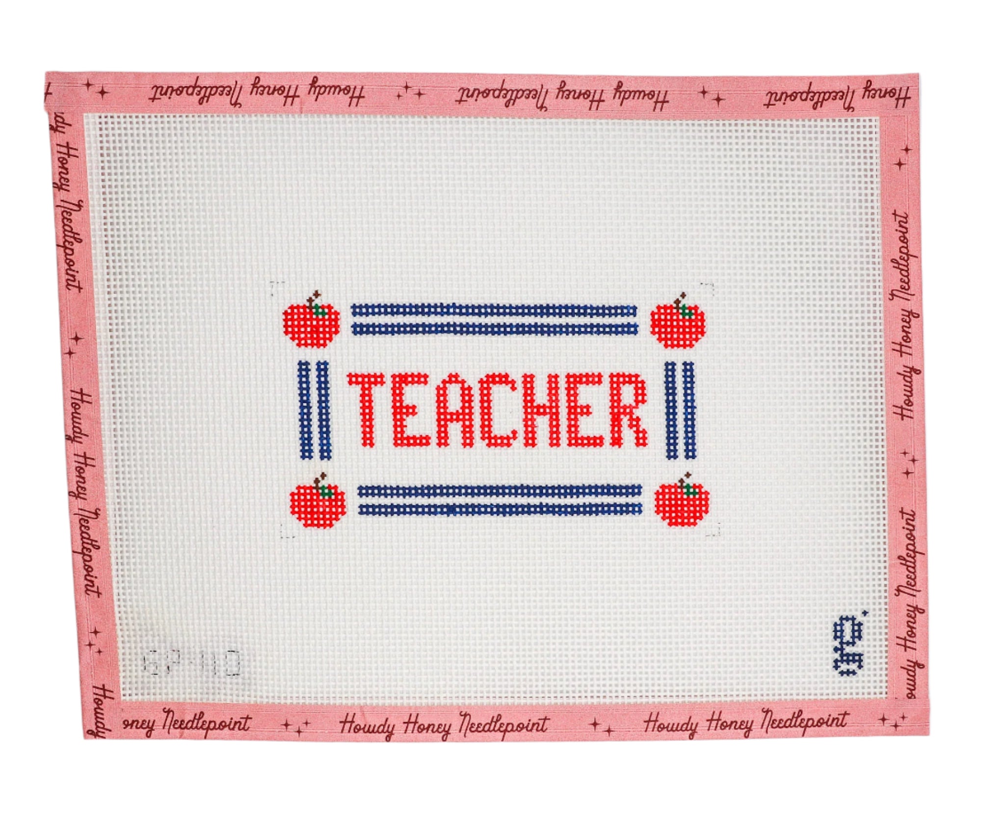 A tapestry canvas with the word 'Teacher' and apple designs, primarily in red, blue, and white colors, with a pink border.