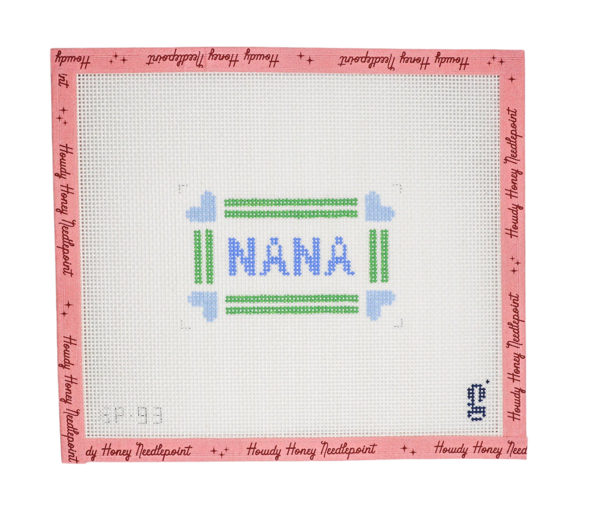 A needlecraft canvas with a floral and heart pattern, and the word 'Nana' in the center.