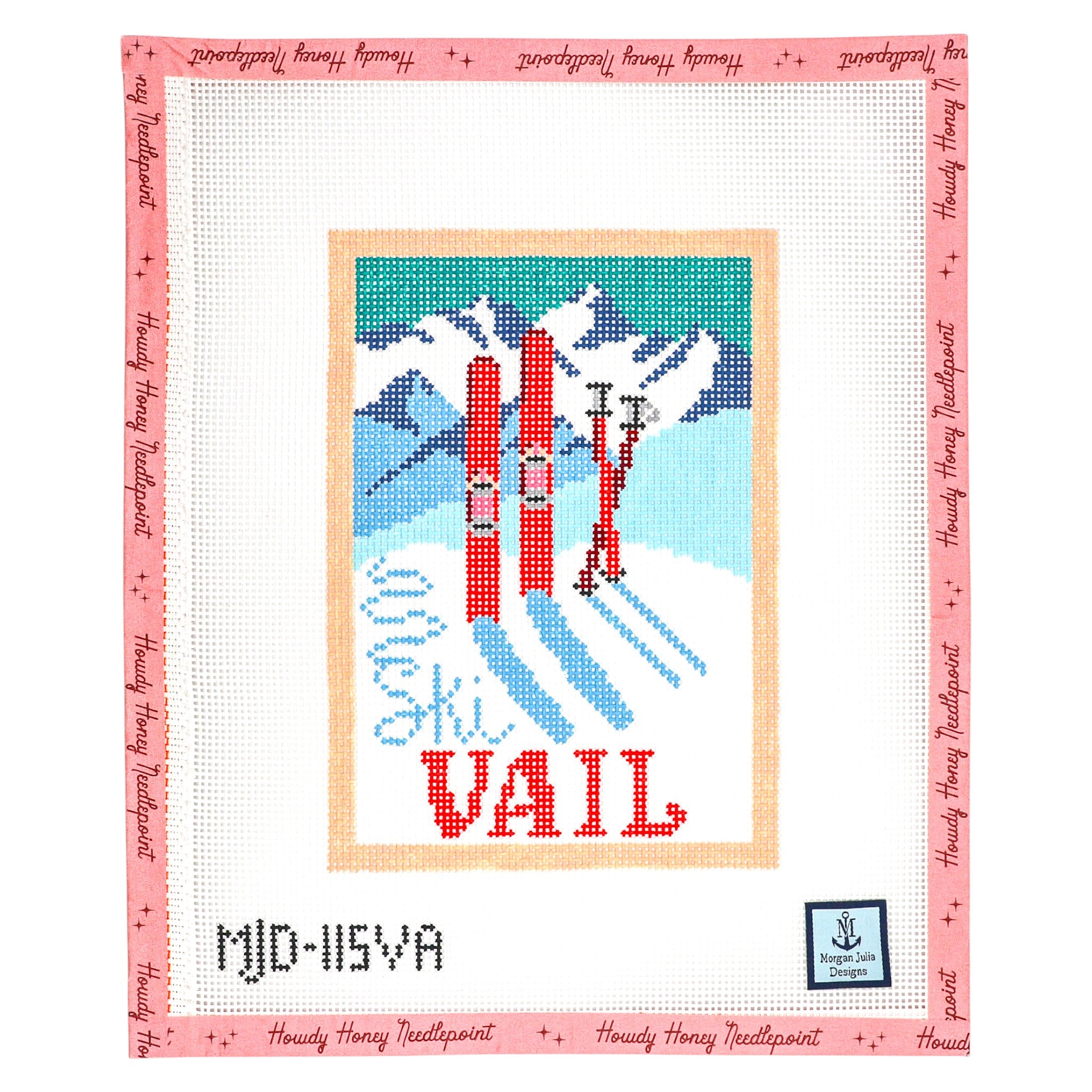 Cross-stitched design of skiers with 'Vail' text on a white background