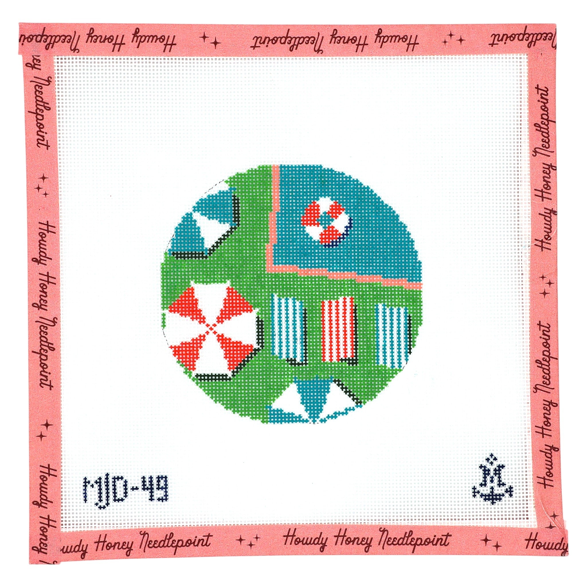 Circular needlepoint design with geometric patterns on a white background, framed by 'Howdy Honey Needlepoint' text.