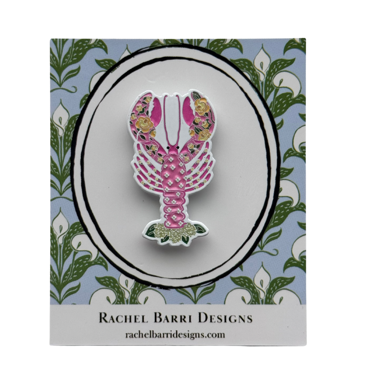 Lobster-shaped pin on a decorative card with 'Rachel Barri Designs' branding.