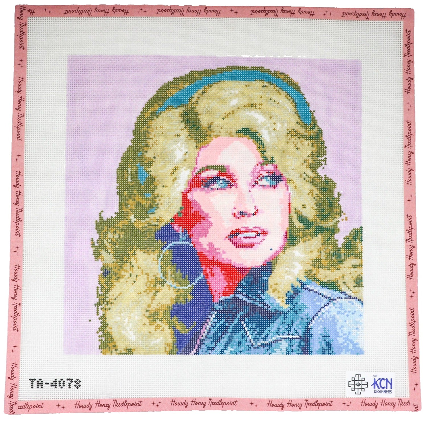 Cross-stitched portrait of a woman with a pink background and 'KCN' branding.