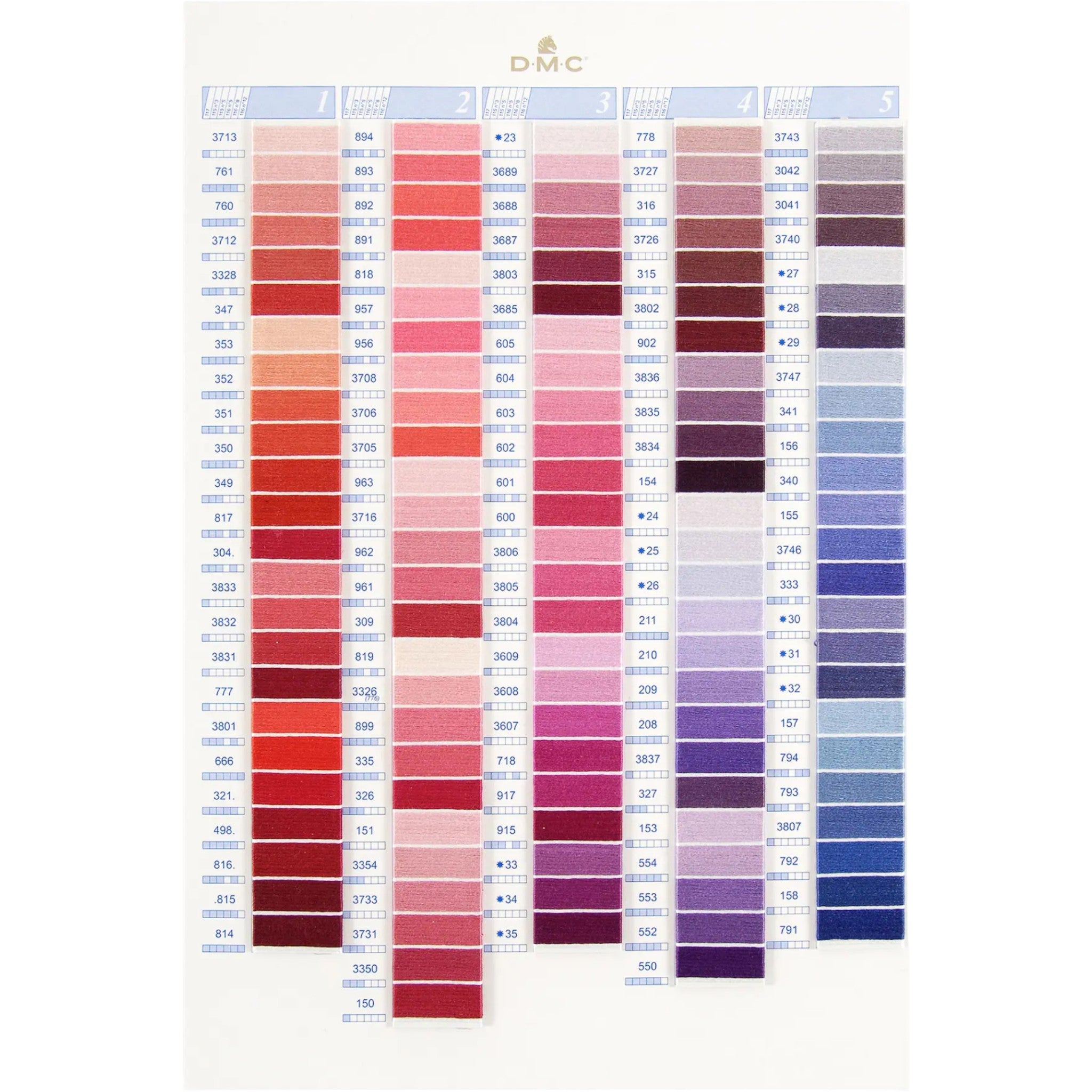 DMC embroidery floss color chart on a white background