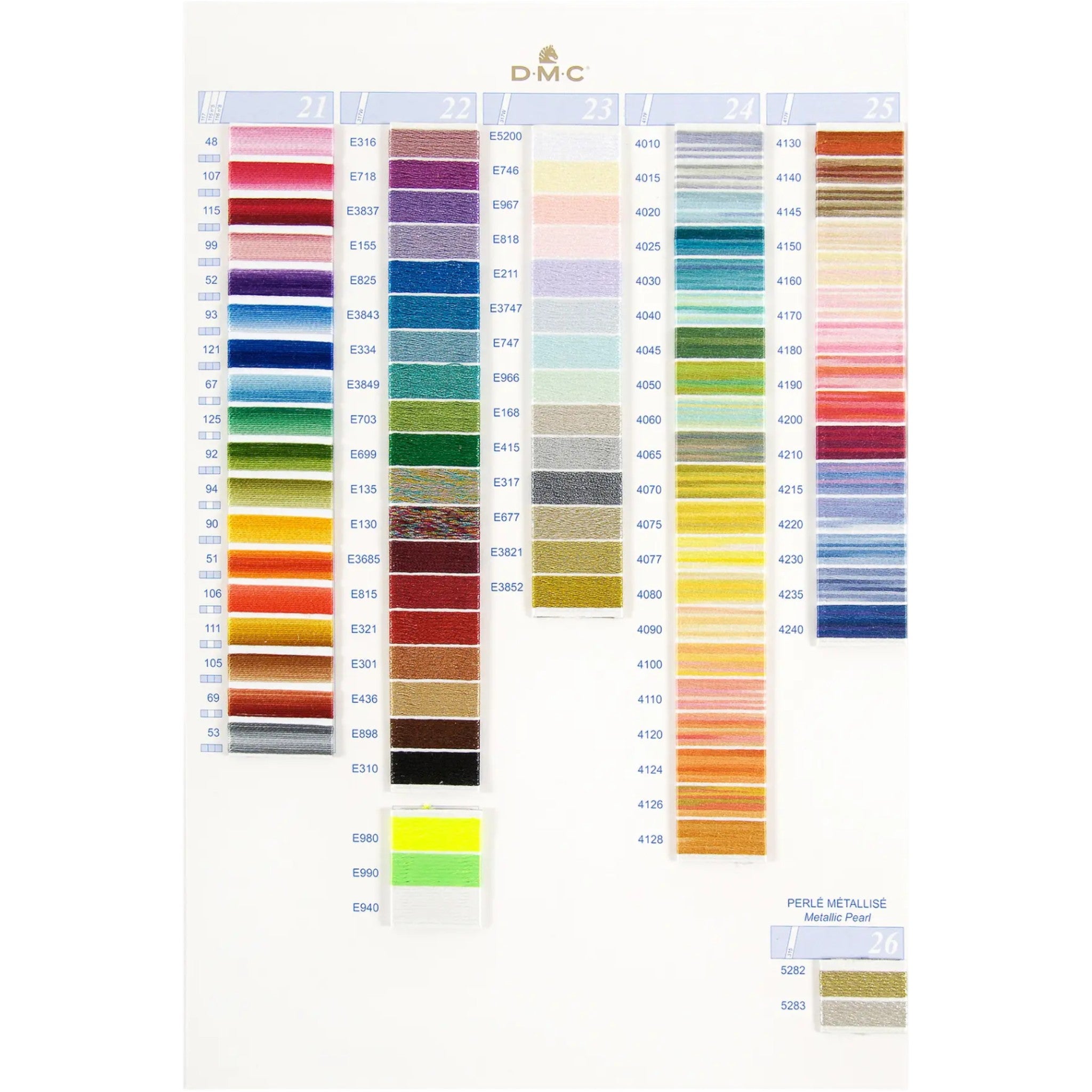 DMC embroidery floss color chart with a wide range of colors on a white background