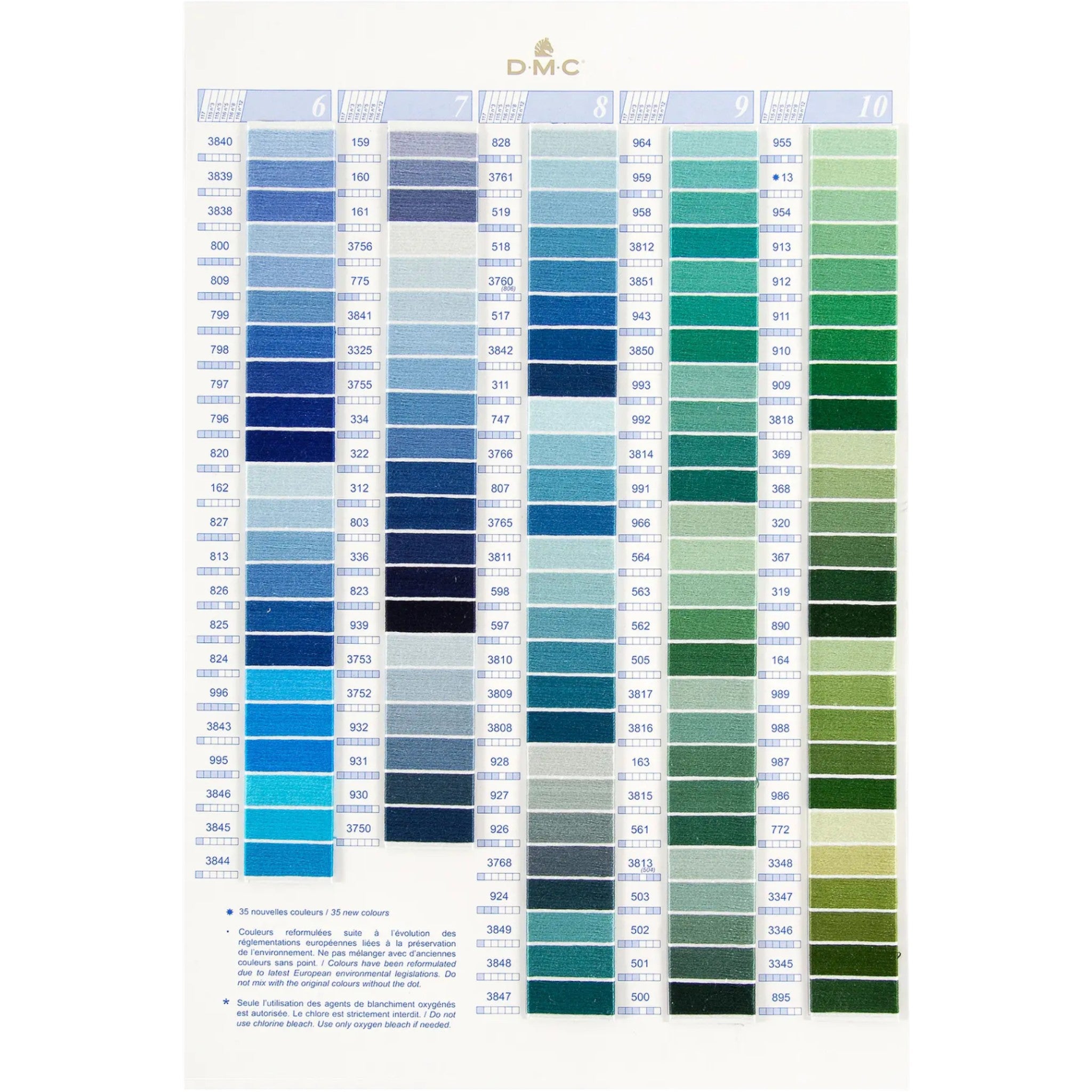 Color swatch chart with blue and green hues on a white background